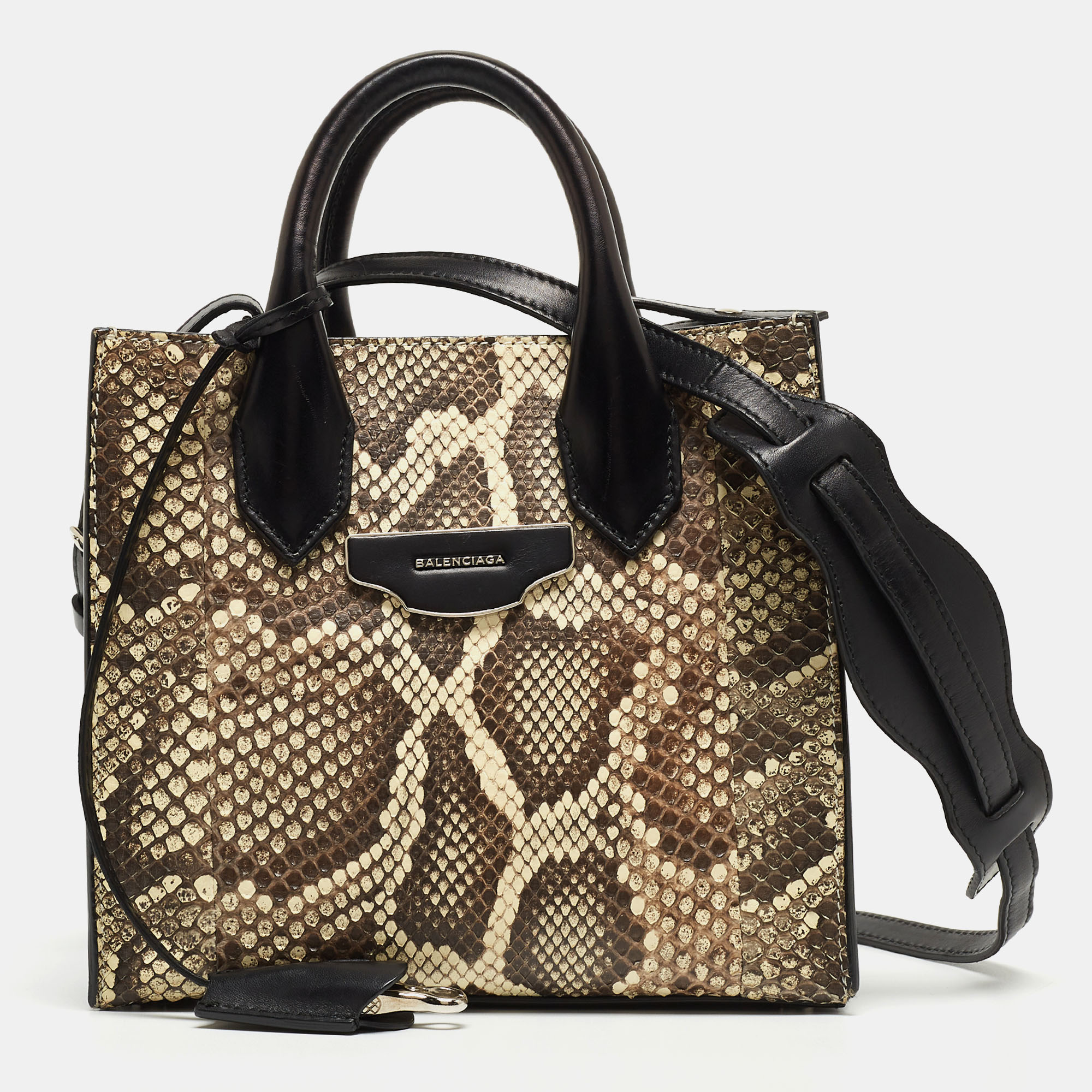 Pre-owned Balenciaga Black/white Python And Leather Mini All Afternoon Tote