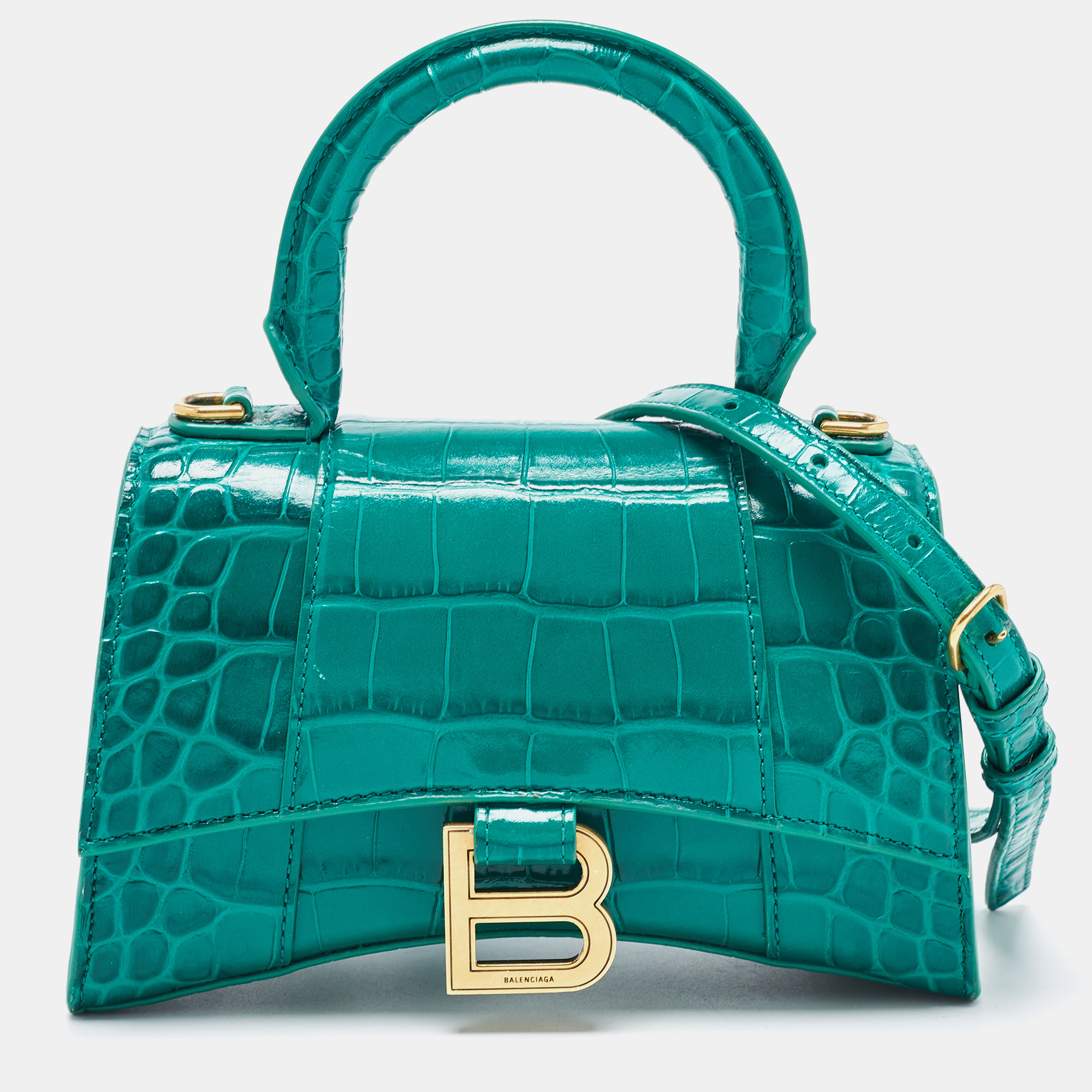 

Balenciaga Green Croc Embossed Leather  Hourglass Top Handle Bag