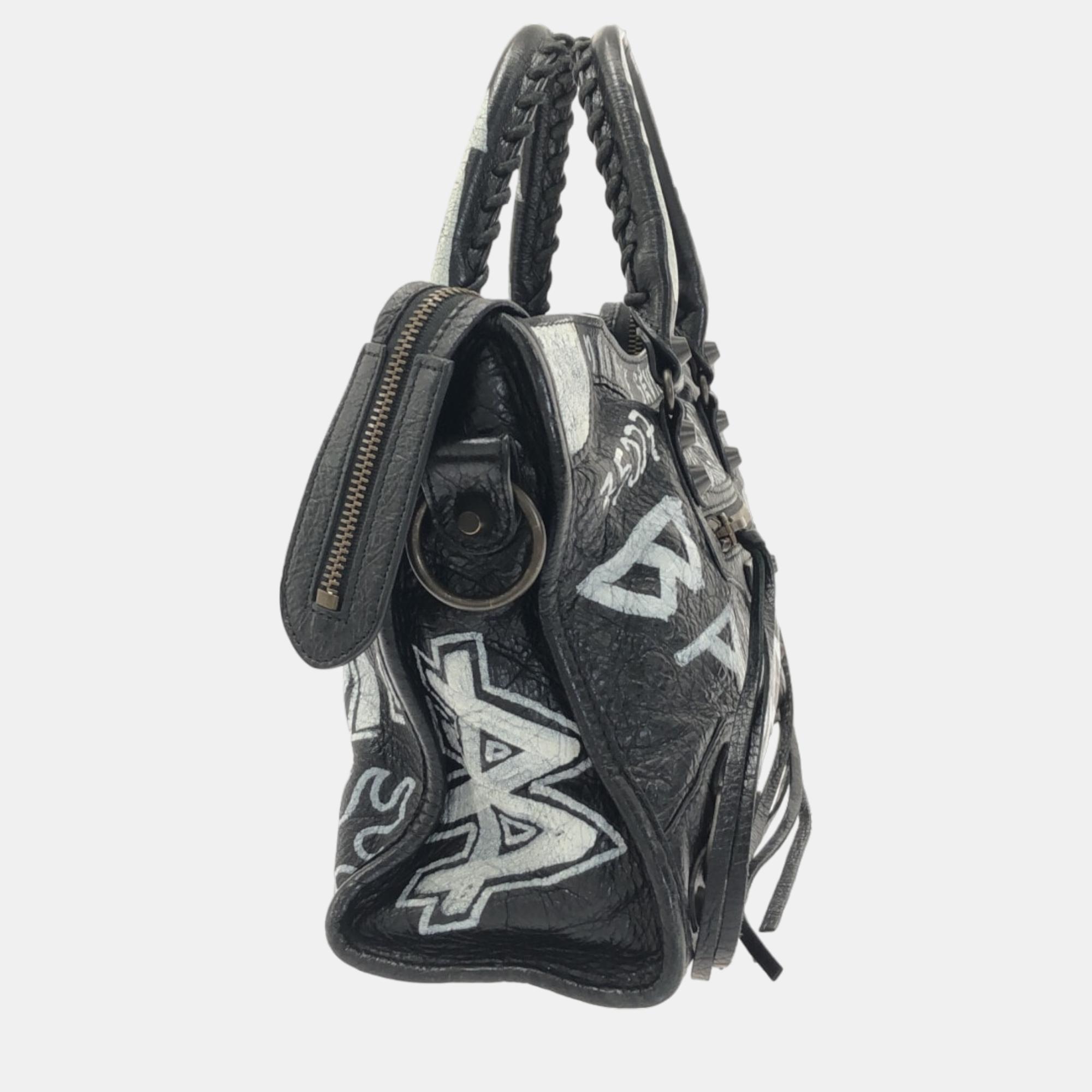 

Balenciaga Black Leather Graffiti Motocross Classic City  Tote Bag