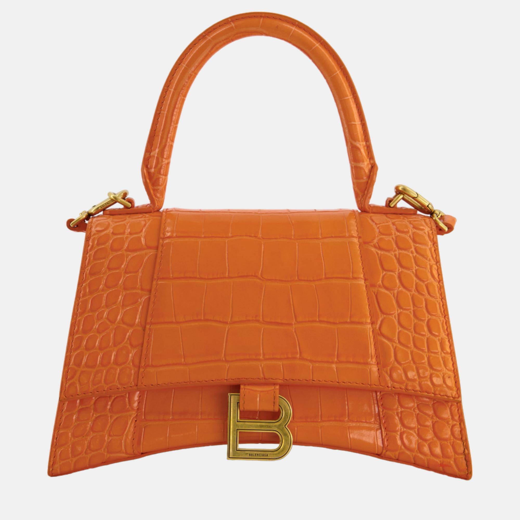 

Balenciaga Orange Small Hourglass Bag in Croc Embossed Calf Leather with Gold Hardware