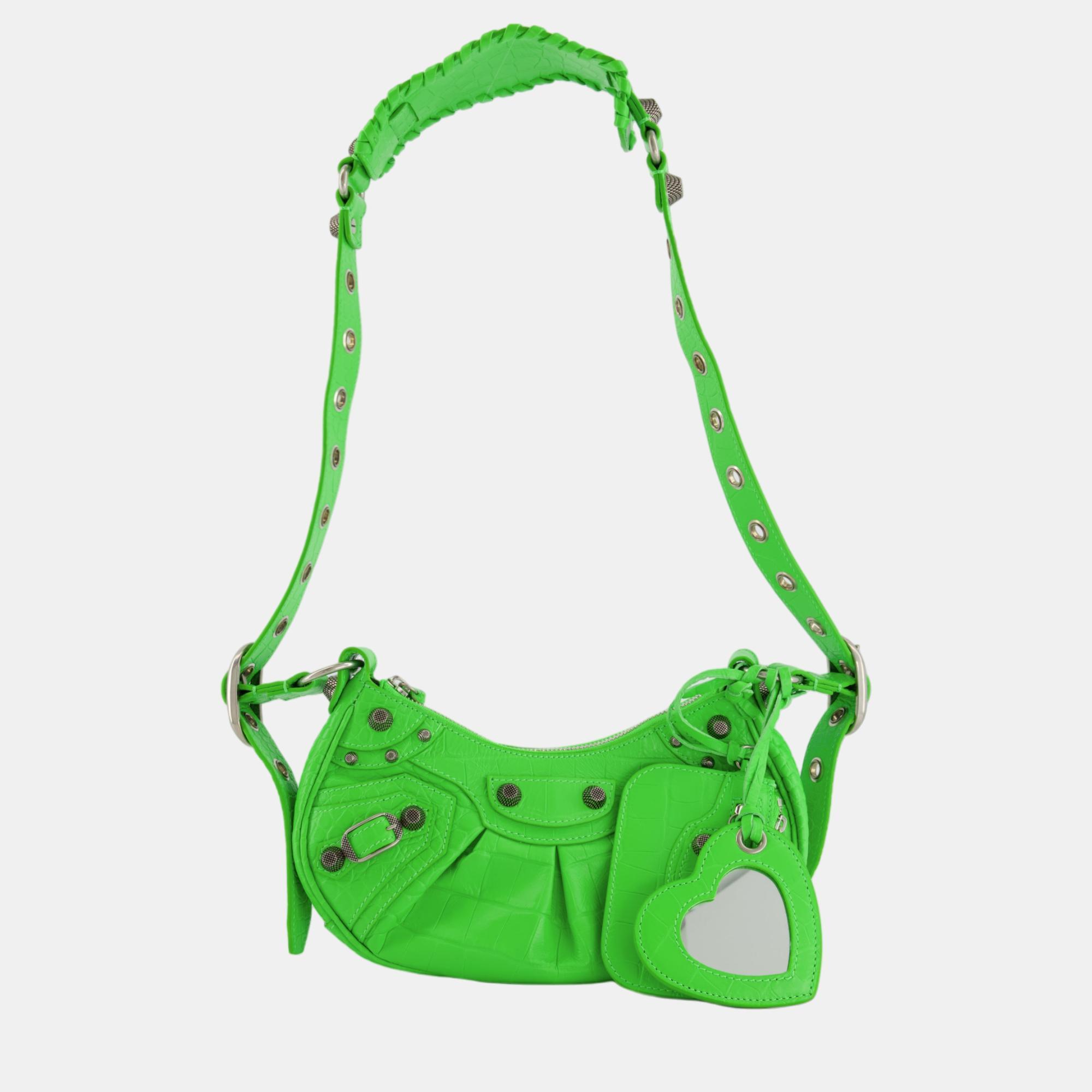 

Balenciaga Le Cagole  Shoulder Bag in Croc Embossed Calfskin Leather and Silver Hardware, Green