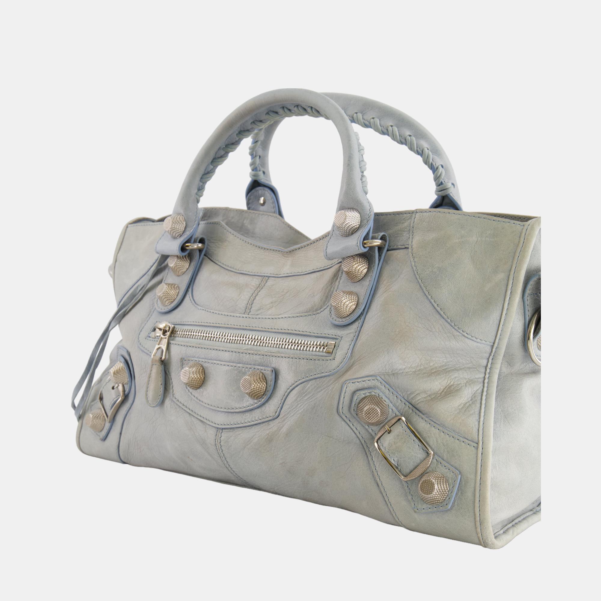 

Balenciaga Ice Blue Large Leather City Bag with Silver Hardware
