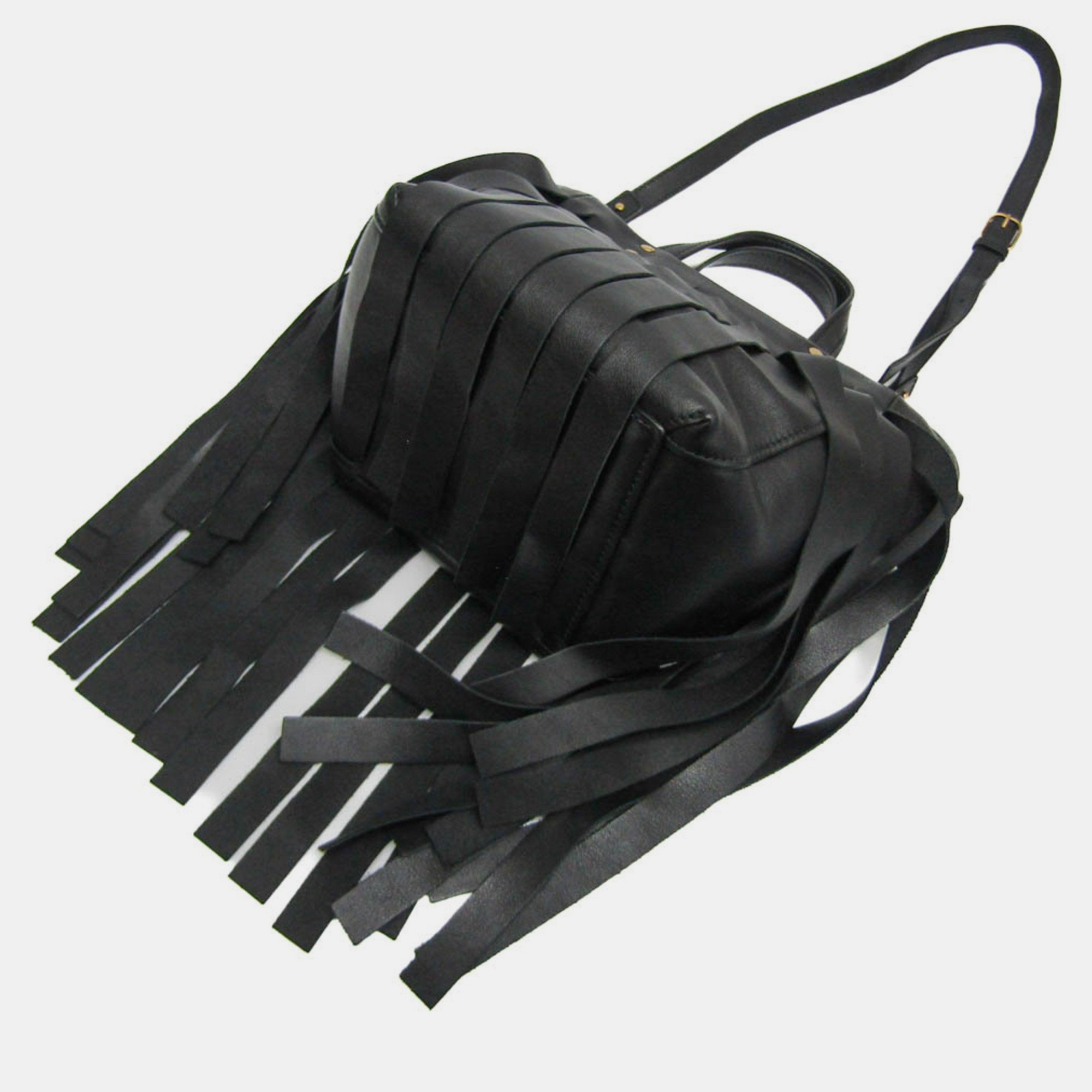 

Balenciaga Black Leather Laundry Fringe  Cabas Tote Bag