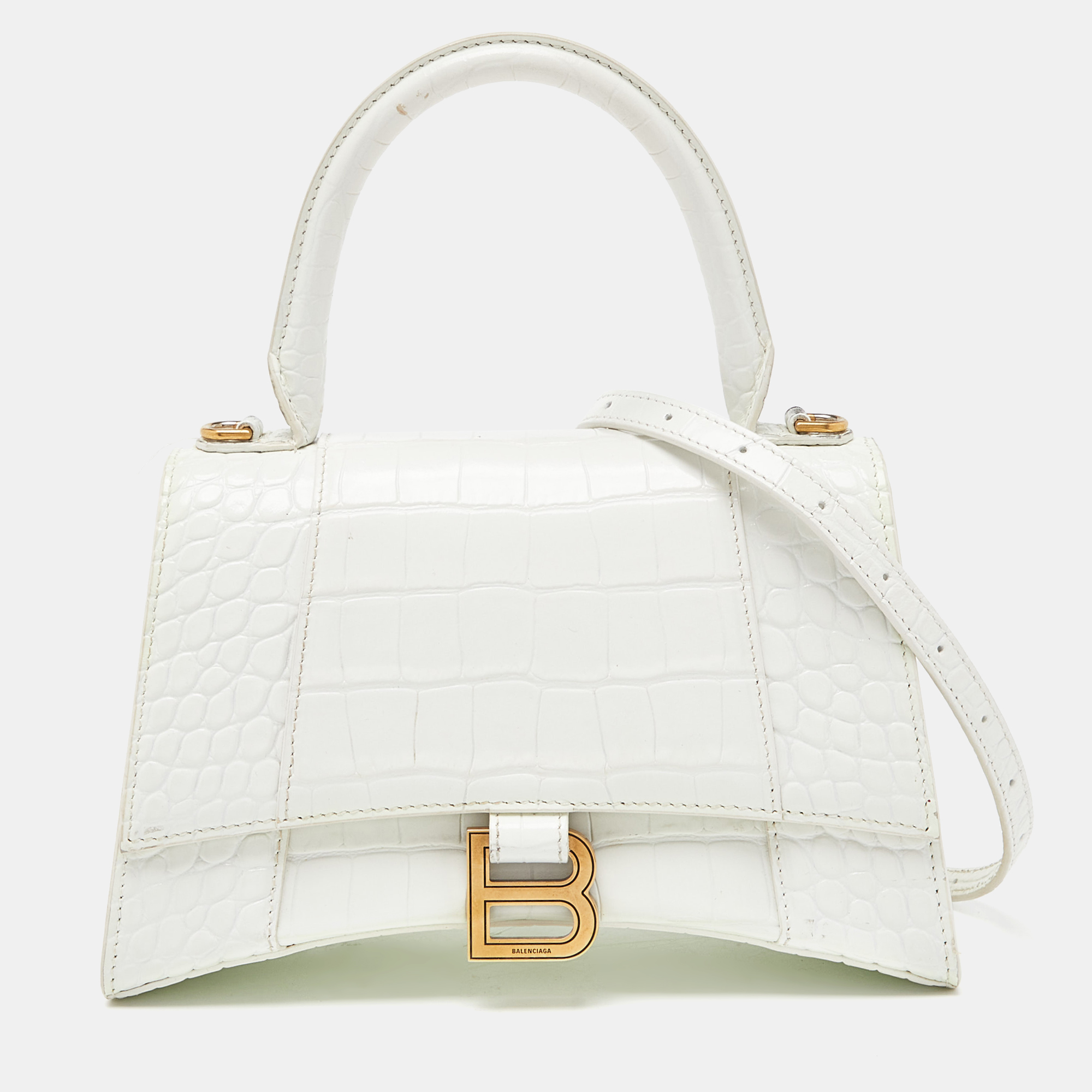 

Balenciaga White Croc Embossed Leather  Hourglass Top Handle Bag
