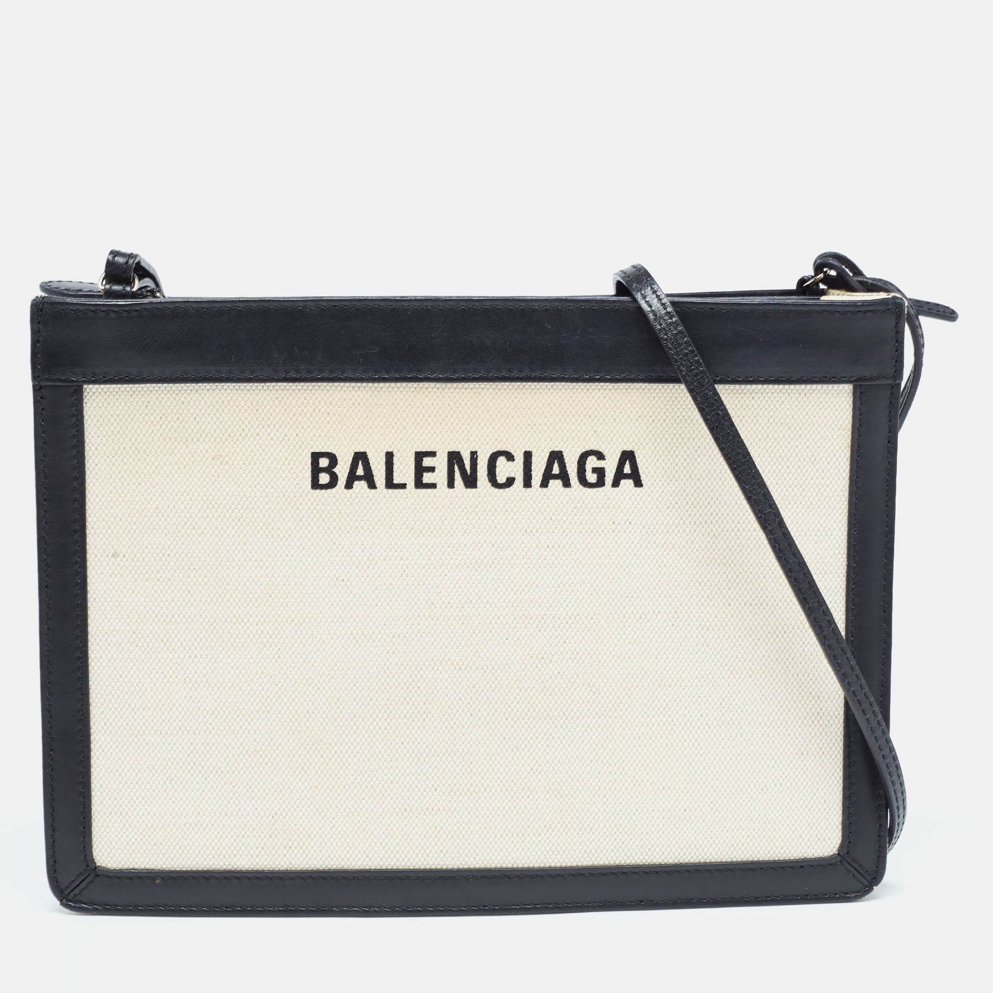 Pre-owned Balenciaga Black/off-white Canvas And Leather Navy Pochette Crossbody Bag