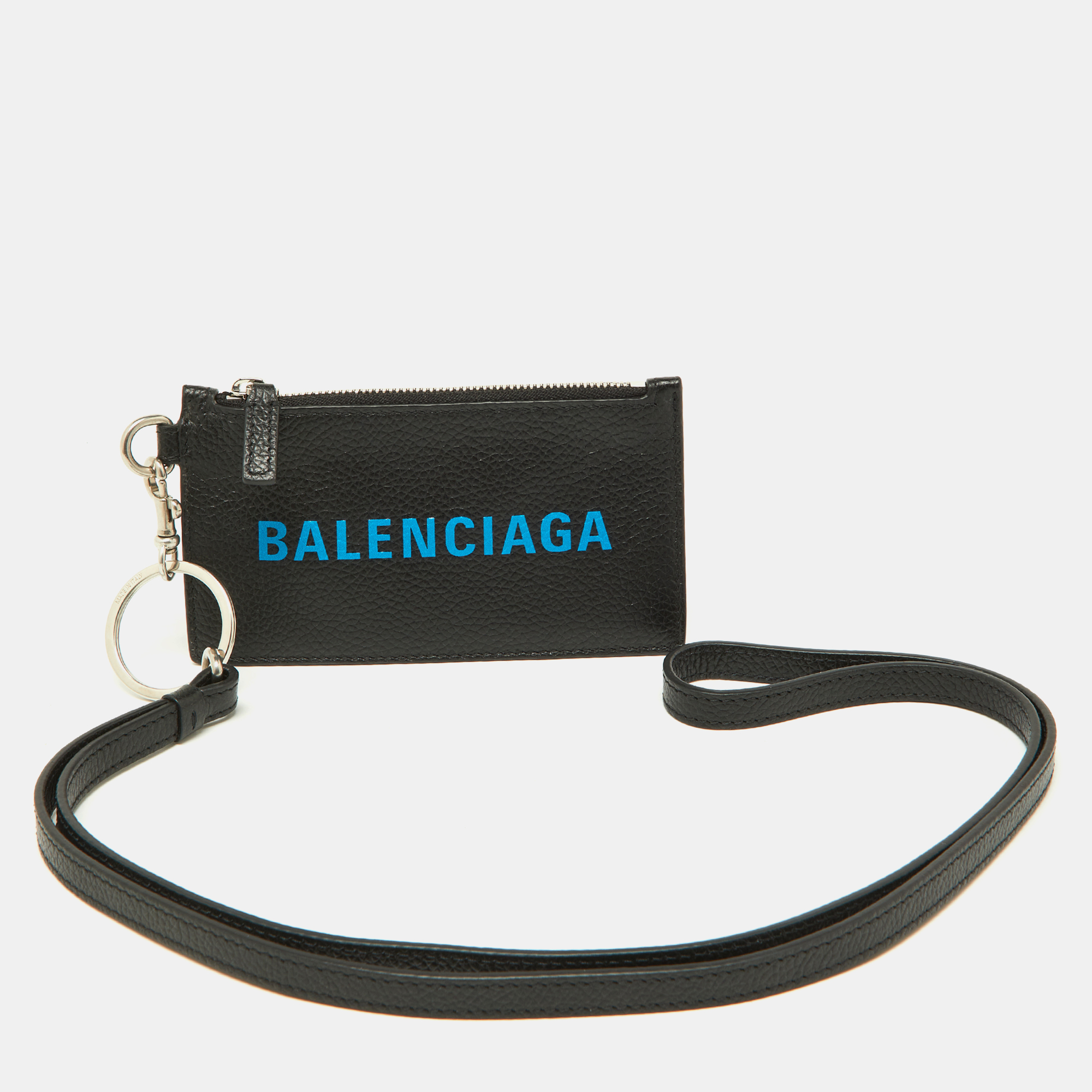 Pre-owned Balenciaga Black/blue Leather Zip Card Holder With Strap