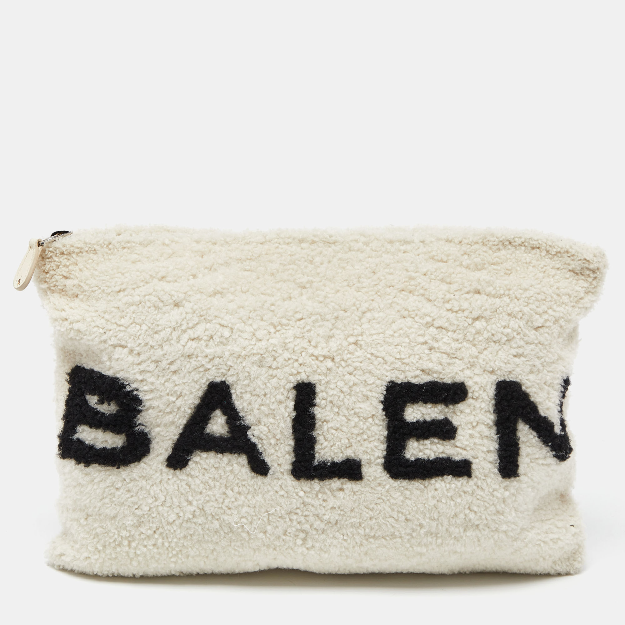 Pre-owned Balenciaga Off White/black Shearling Logo Zip Pouch