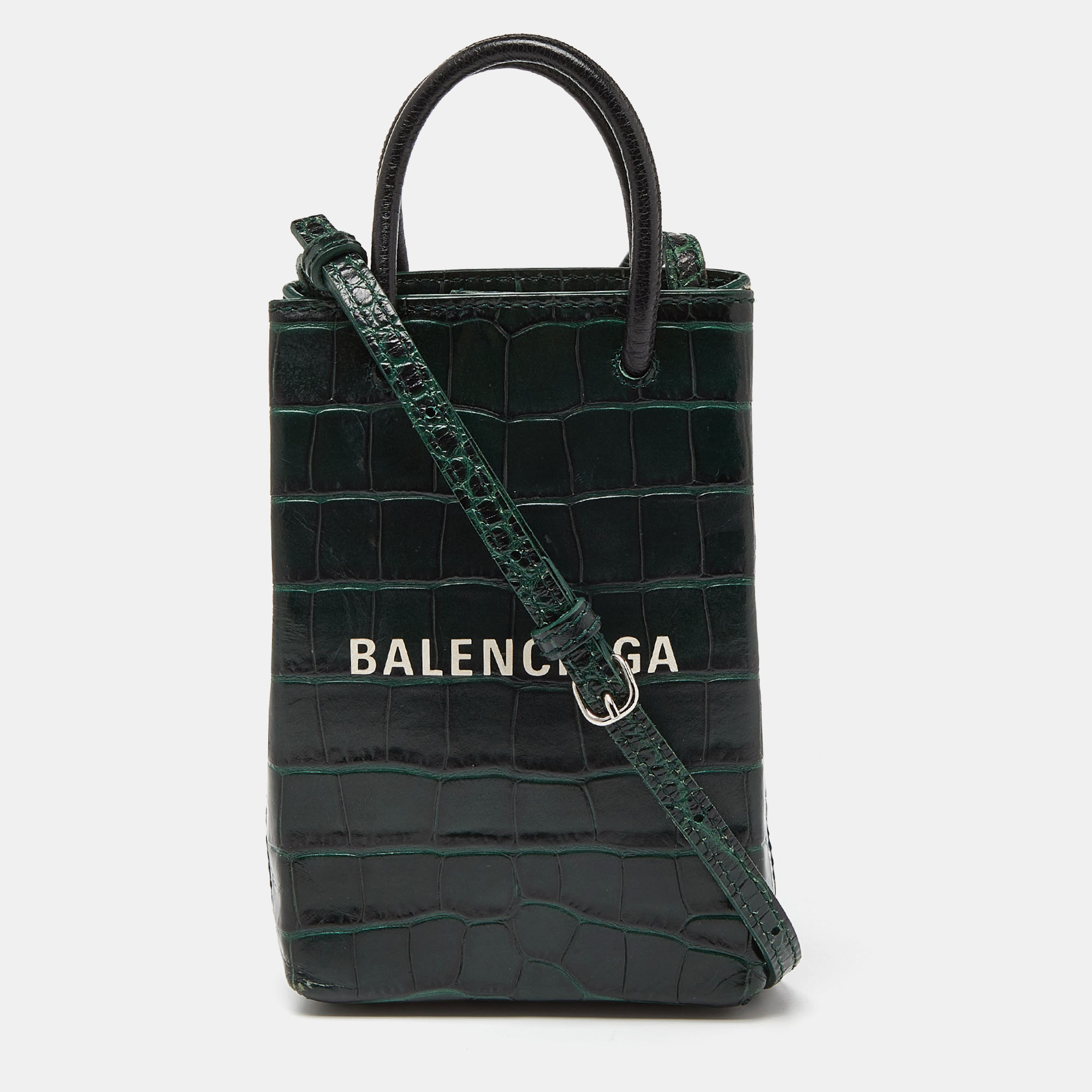 Pre-owned Balenciaga Green/black Croc Embossed Leather Phone Crossbody Bag