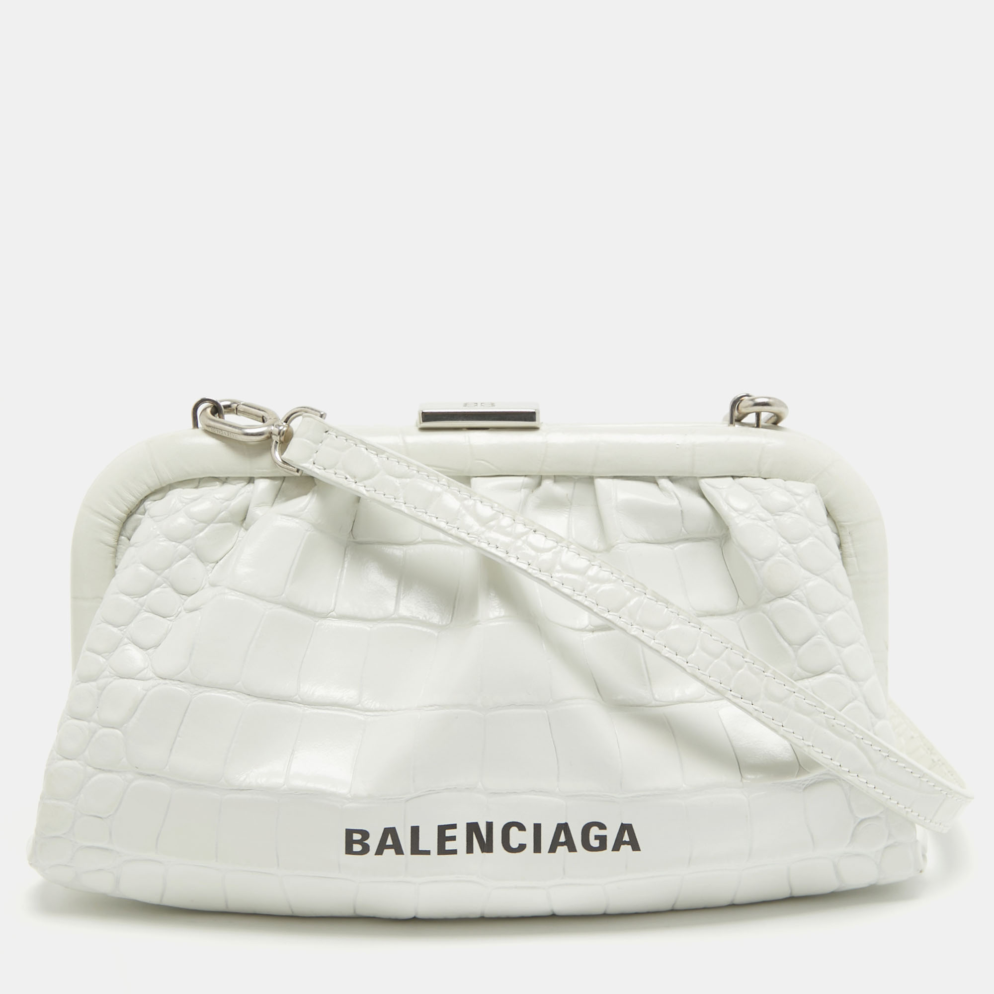 Pre-owned Balenciaga White Croc Embossed Leather Cloud Clutch Bag