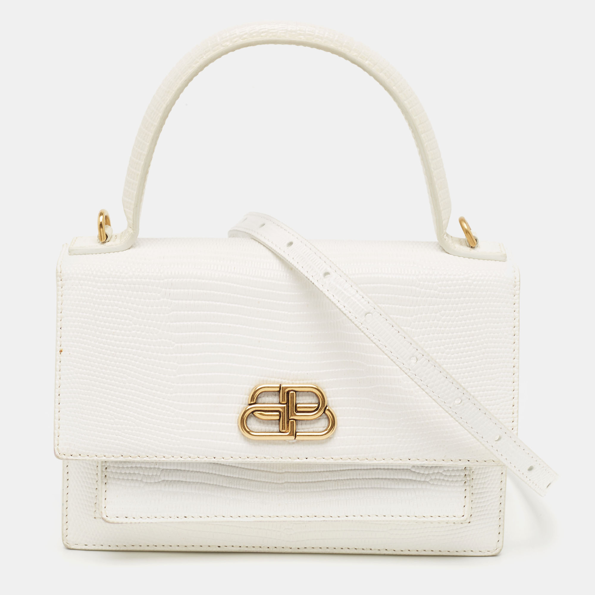 

Balenciaga White Lizard Embossed Leather  Sharp Top Handle Bag