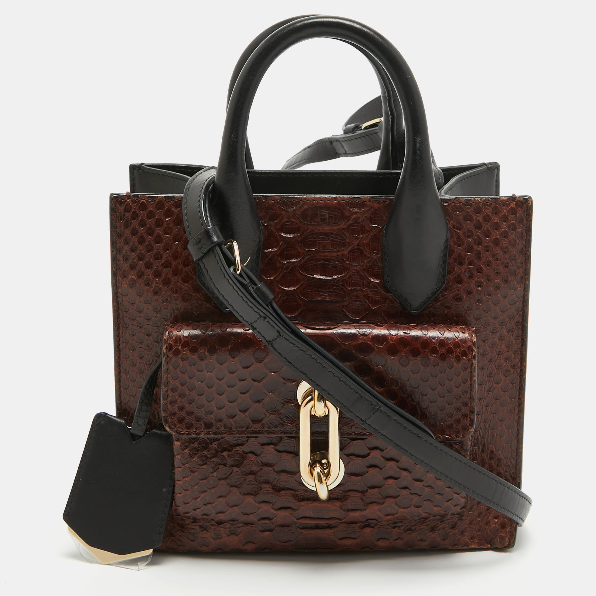 Pre-owned Balenciaga Brown/black Python And Leather Mini Maillon All Afternoon Tote