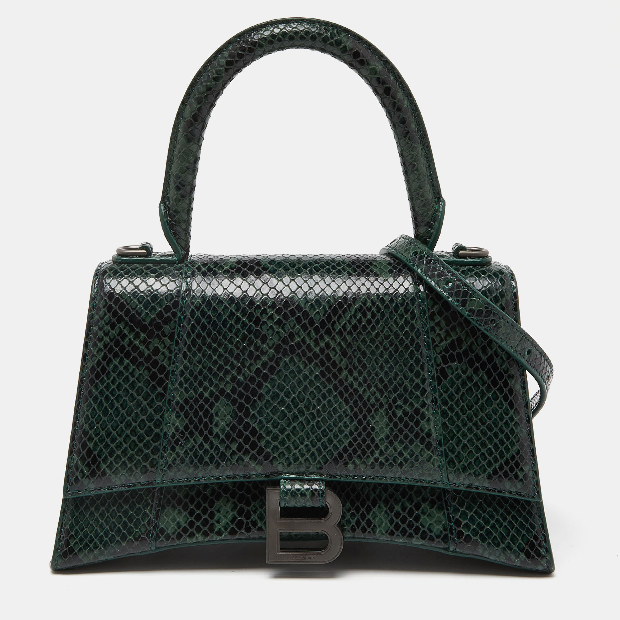 

Balenciaga Green Snakeskin Embossed Leather Small Hourglass Top Handle Bag