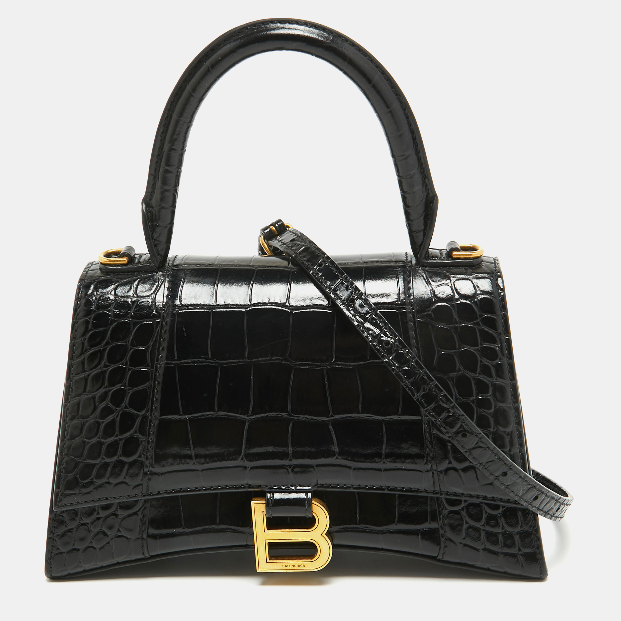 

Balenciaga Black Croc Embossed Leather  Hourglass Top Handle Bag