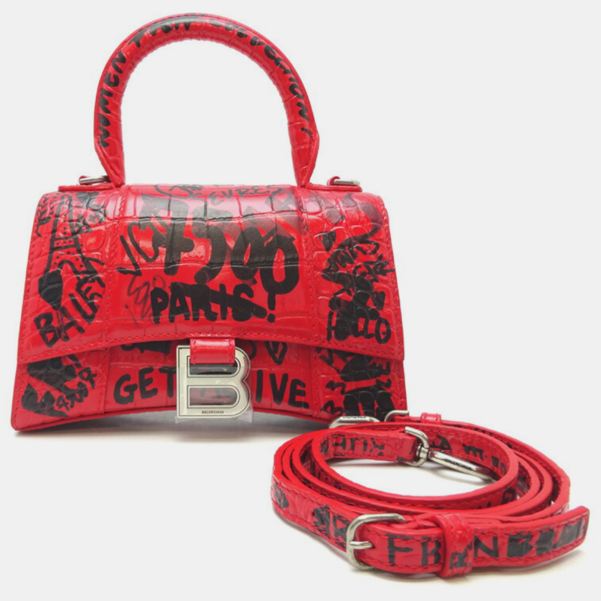 Pre-owned Balenciaga Red Leather Graffiti Hourglass Xs Handbag
