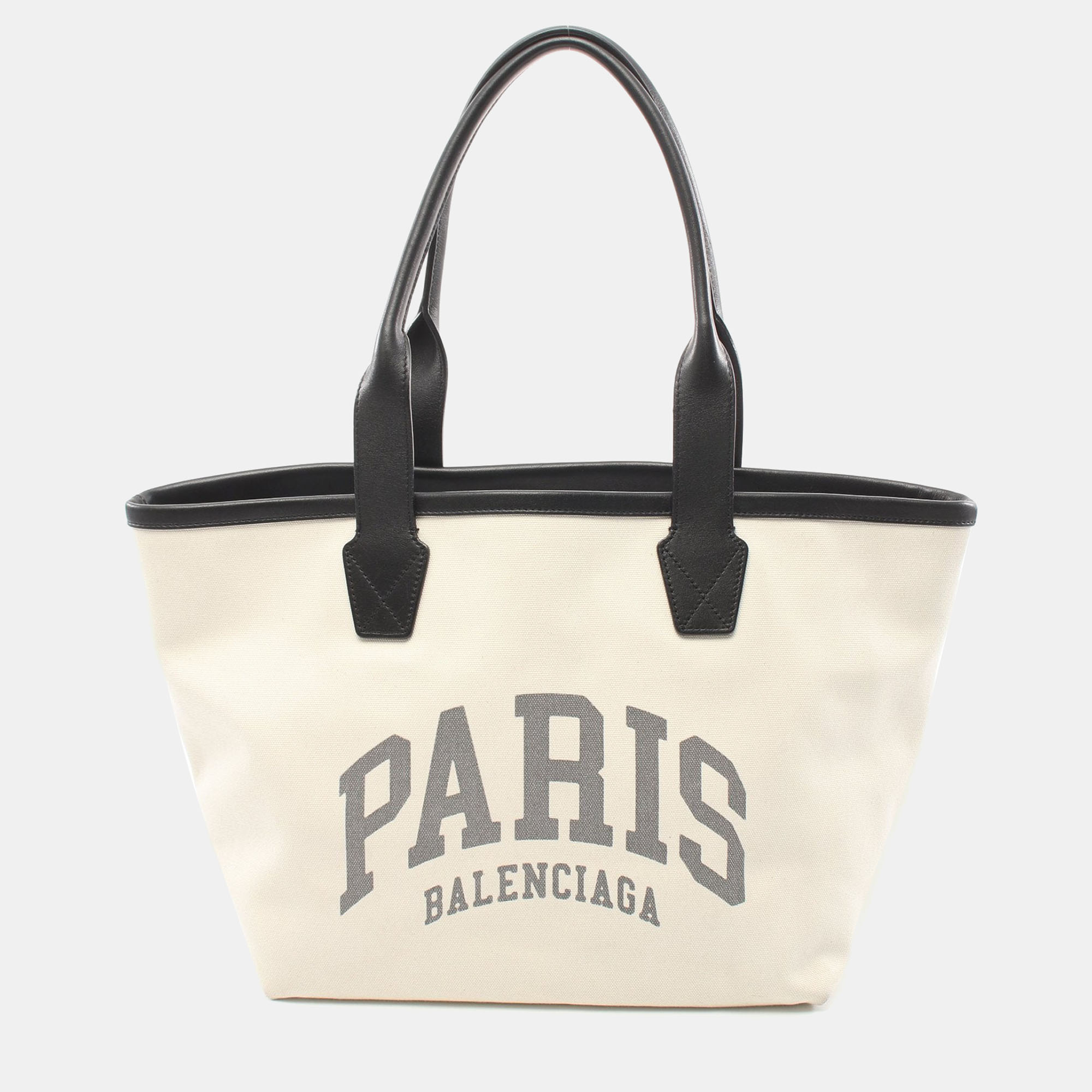 Pre-owned Balenciaga Cities Paris Jumbo Handbag Tote Bag Canvas Leather Off White Black