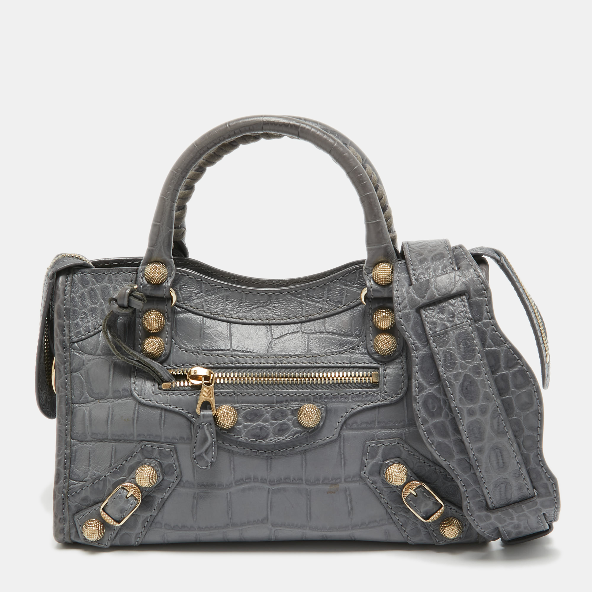 Pre-owned Balenciaga Grey Croc Embossed Leather Mini Rh City Bag