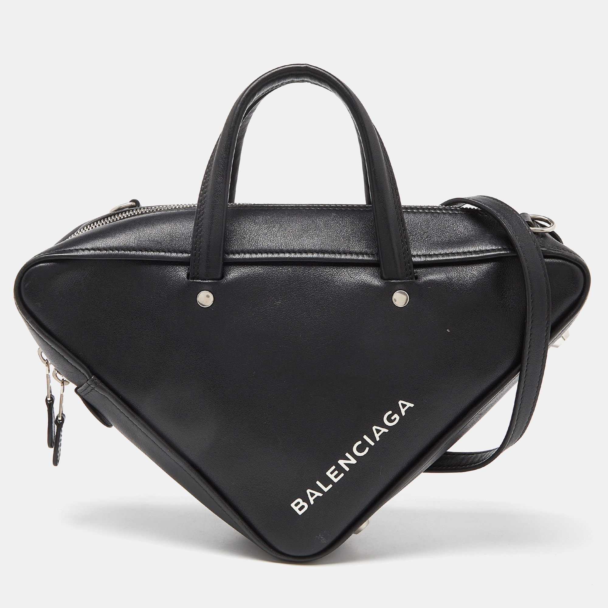 Pre-owned Balenciaga Black Leather Small Triangle Duffle Bag