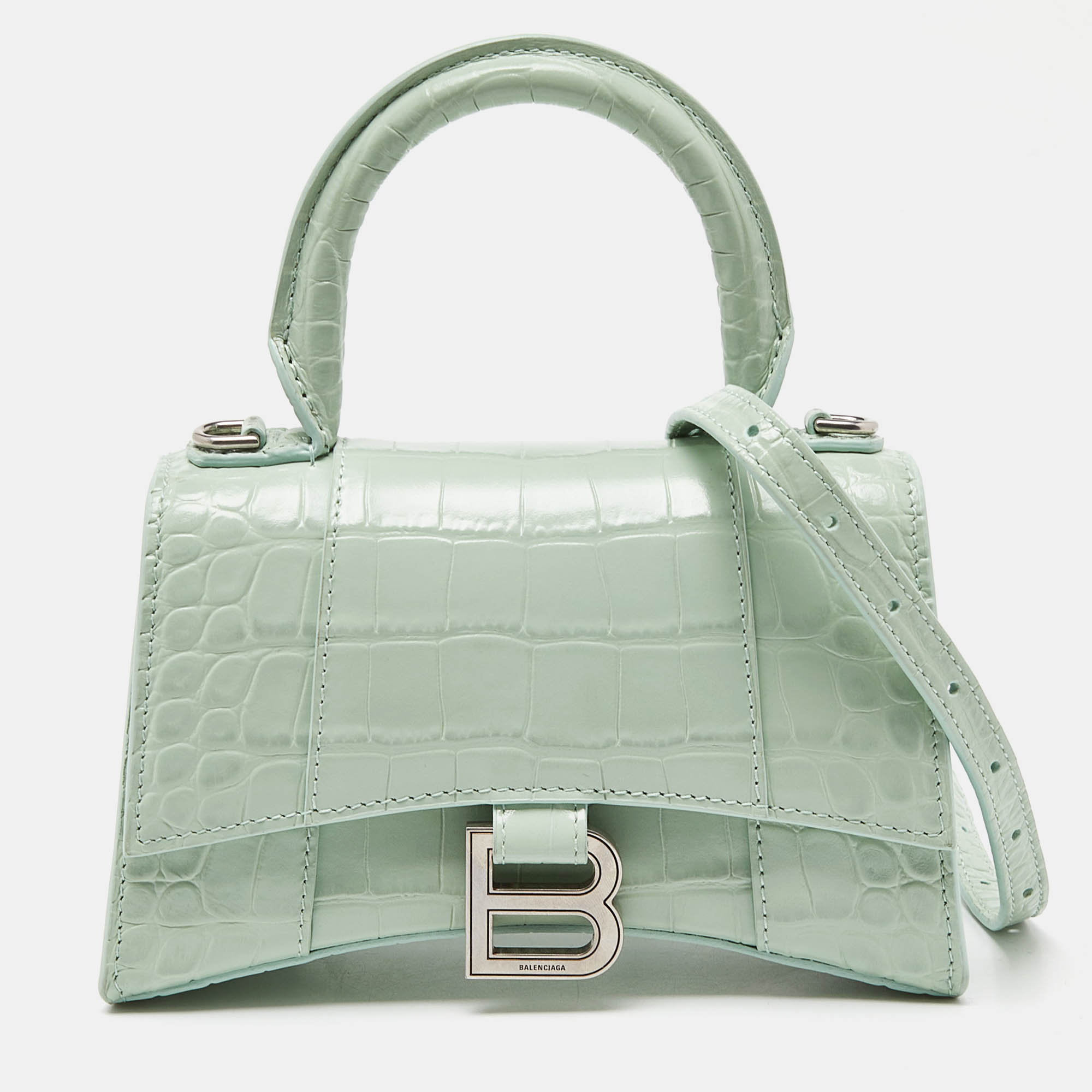 

Balenciaga Green Croc Embossed Leather  Hourglass Top Handle Bag