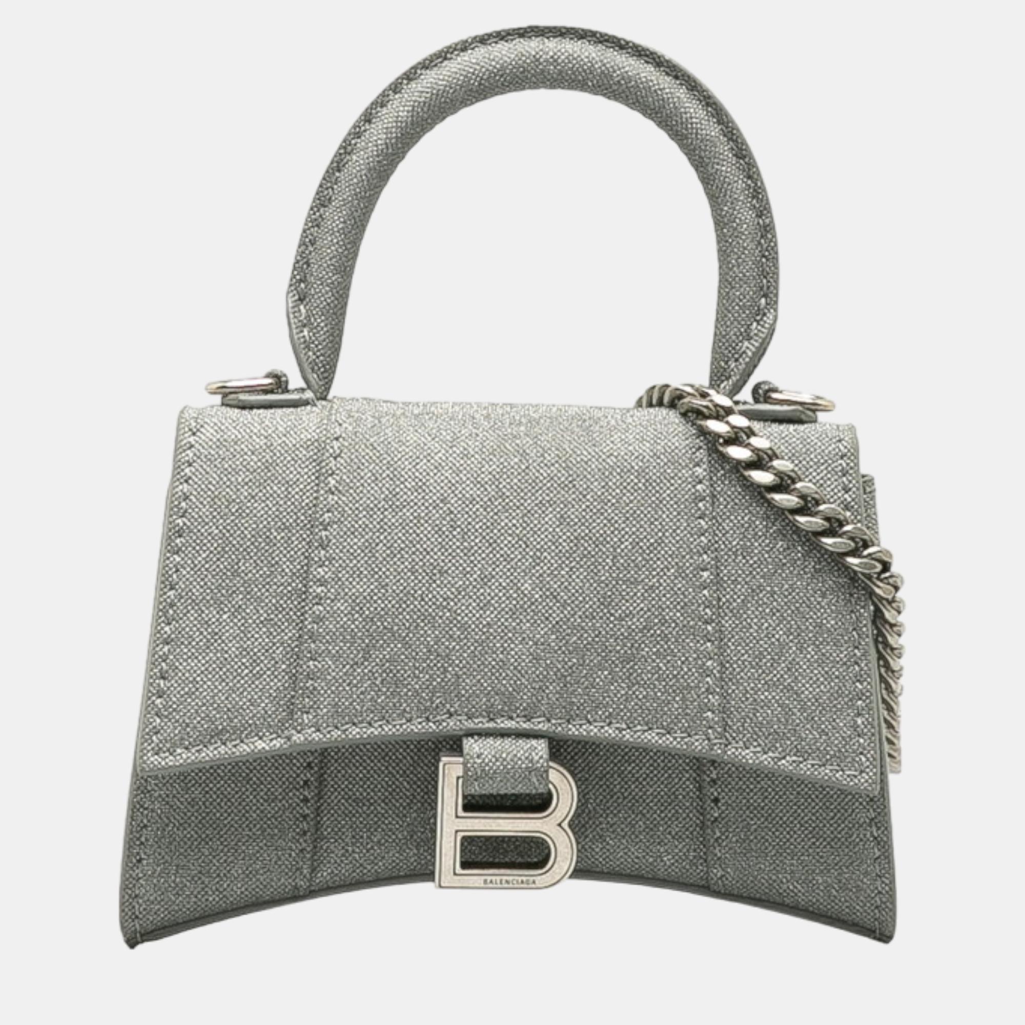 Pre-owned Balenciaga Grey Leather Mini Glitter Hourglass Top Handle Bags