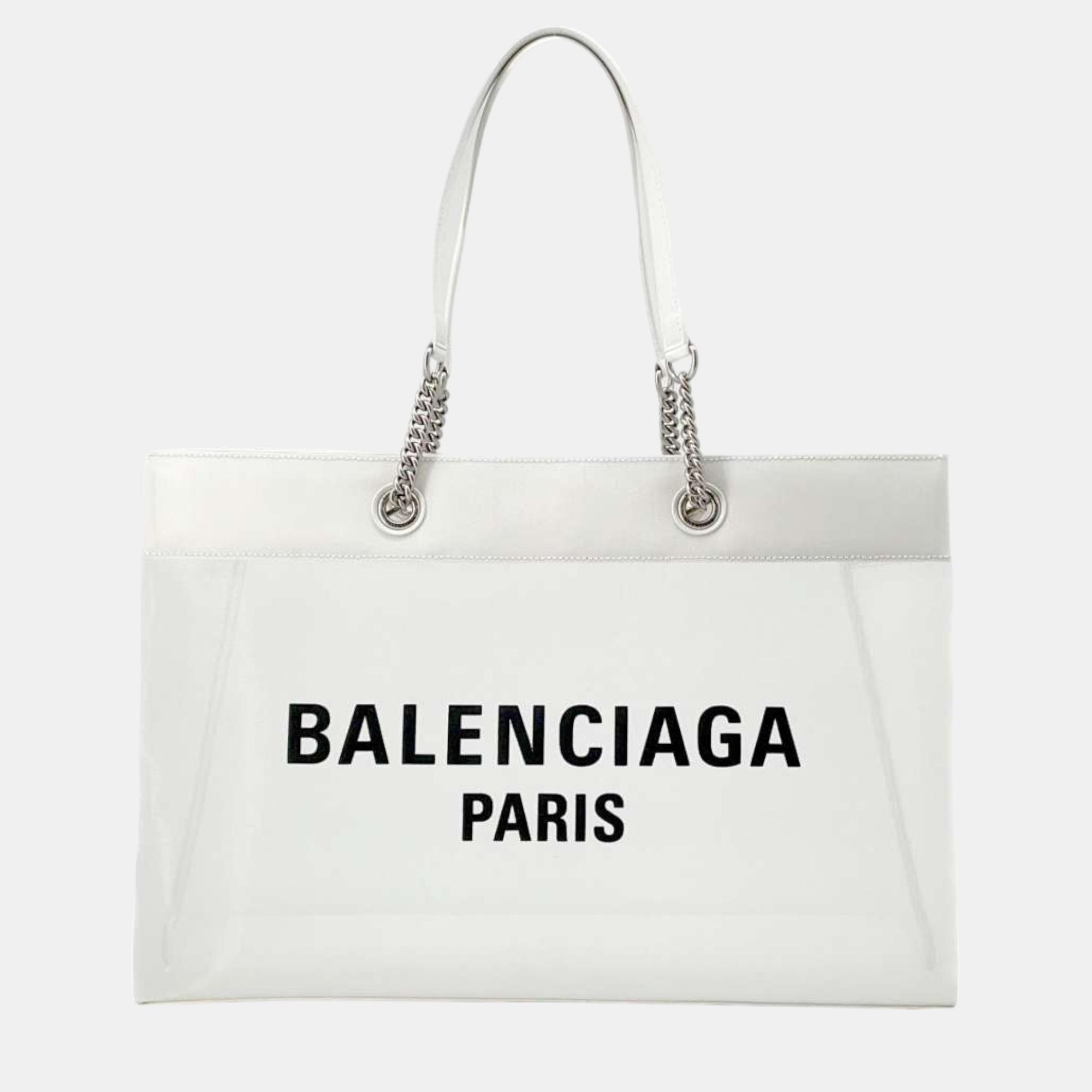 Pre-owned Balenciaga White Mesh Leather Duty Free Large Tote Bag