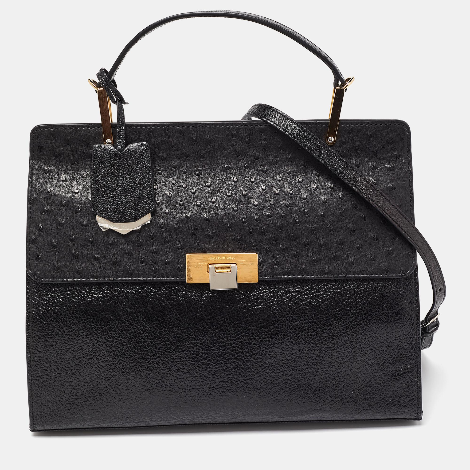 

Balenciaga Black Leather and Ostrich Le Dix Cartable Top Handle Bag