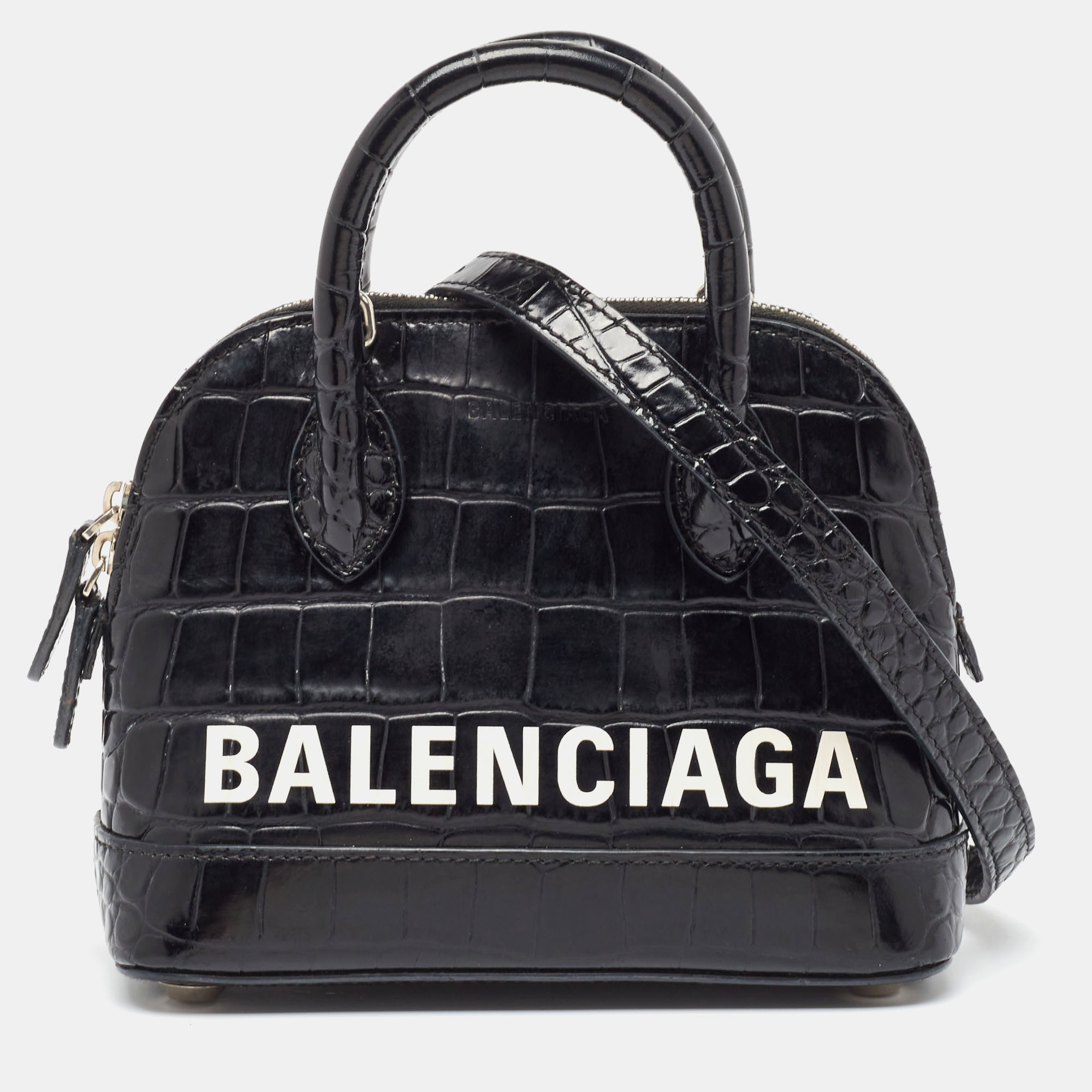 Pre-owned Balenciaga Black Croc Embossed Leather Xxs Ville Satchel