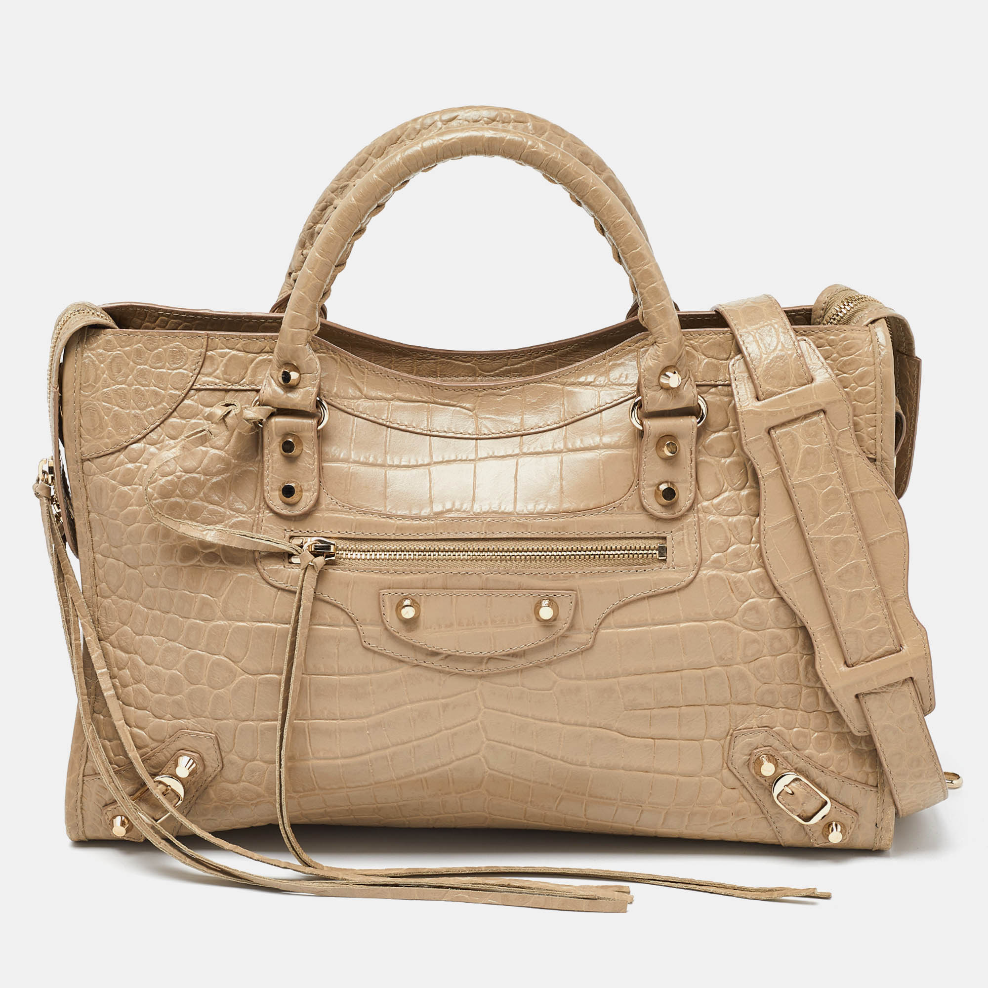 

Balenciaga Praline Croc Embossed Leather City Bag, Beige