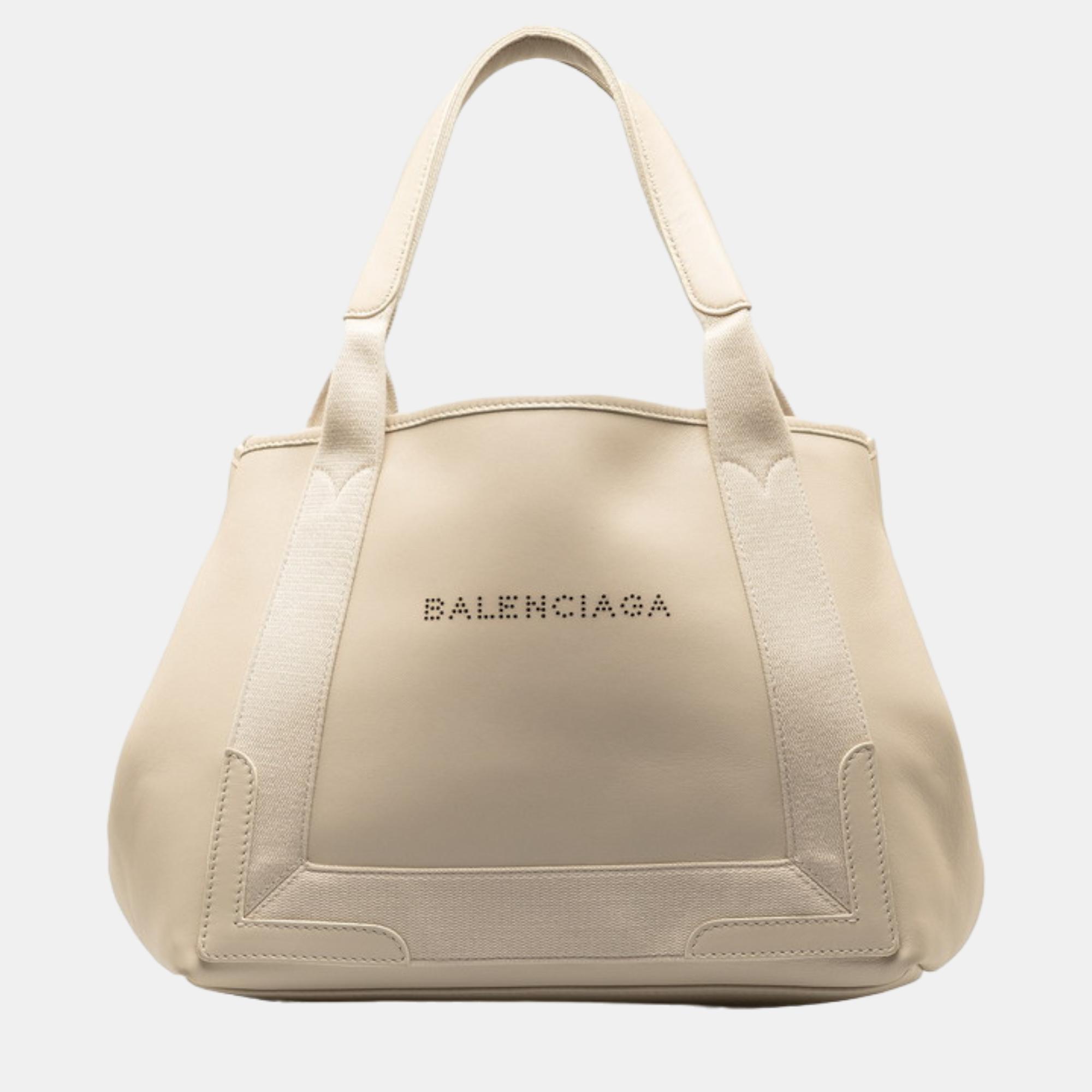 

Balenciaga White Canvas and Leather Small Cabas Tote Bag