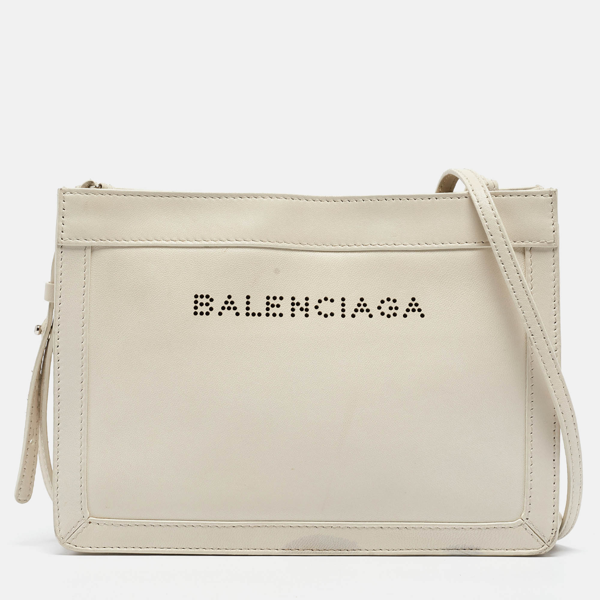 Pre-owned Balenciaga Off White Leather Perforated Logo Pochette Bag