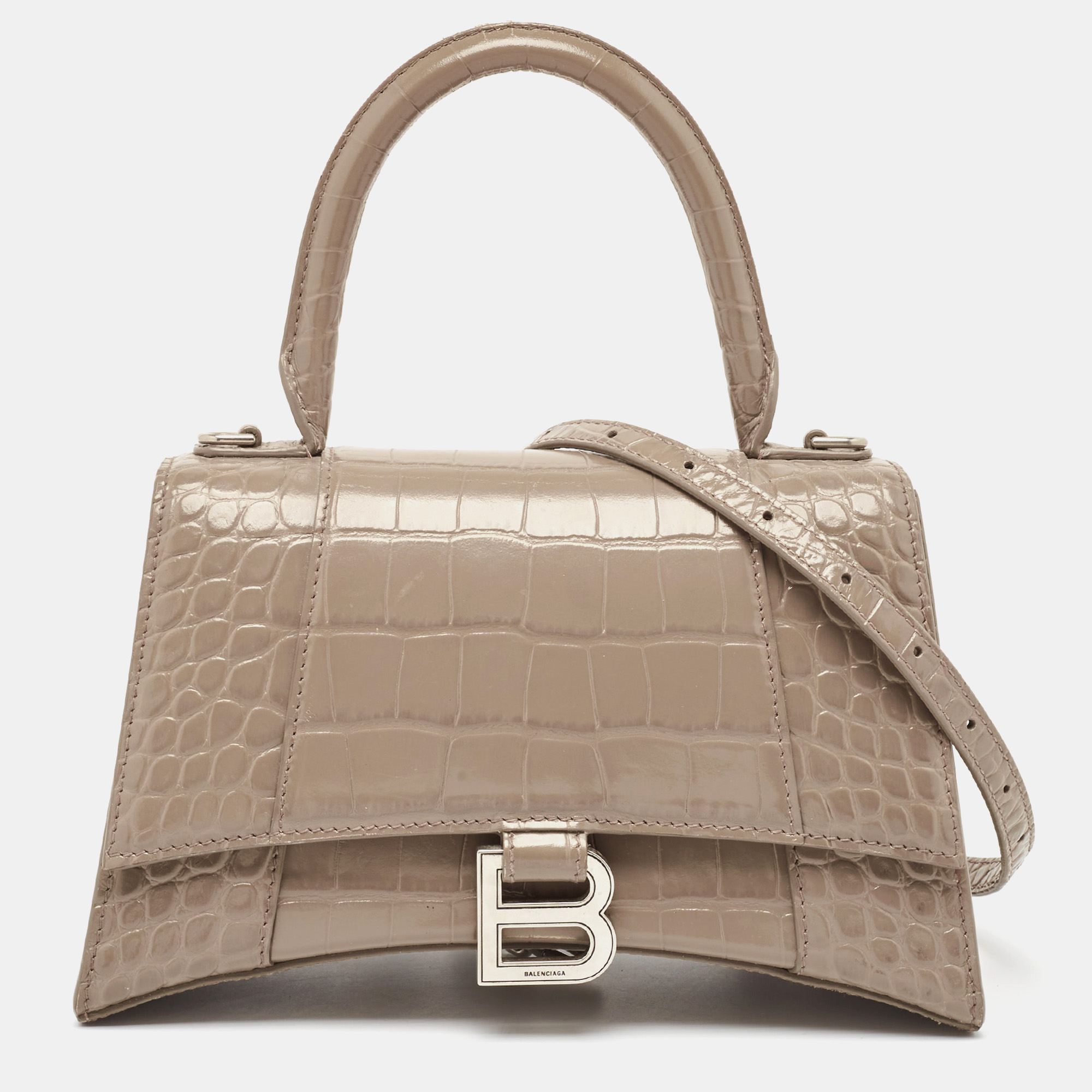 

Balenciaga Dark Beige Croc Embossed Leather Small Hourglass Top Handle Bag
