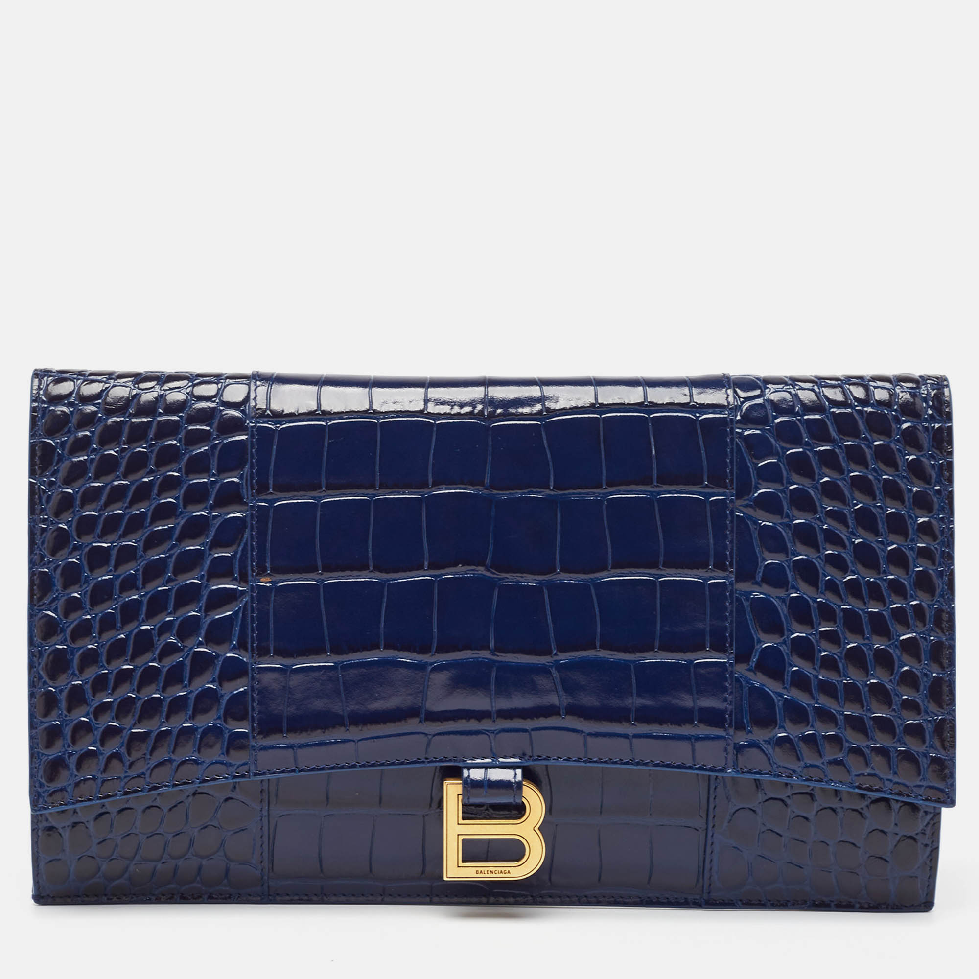 

Balenciaga Navy Blue Croc Embossed Leather Hourglass Flat Pouch