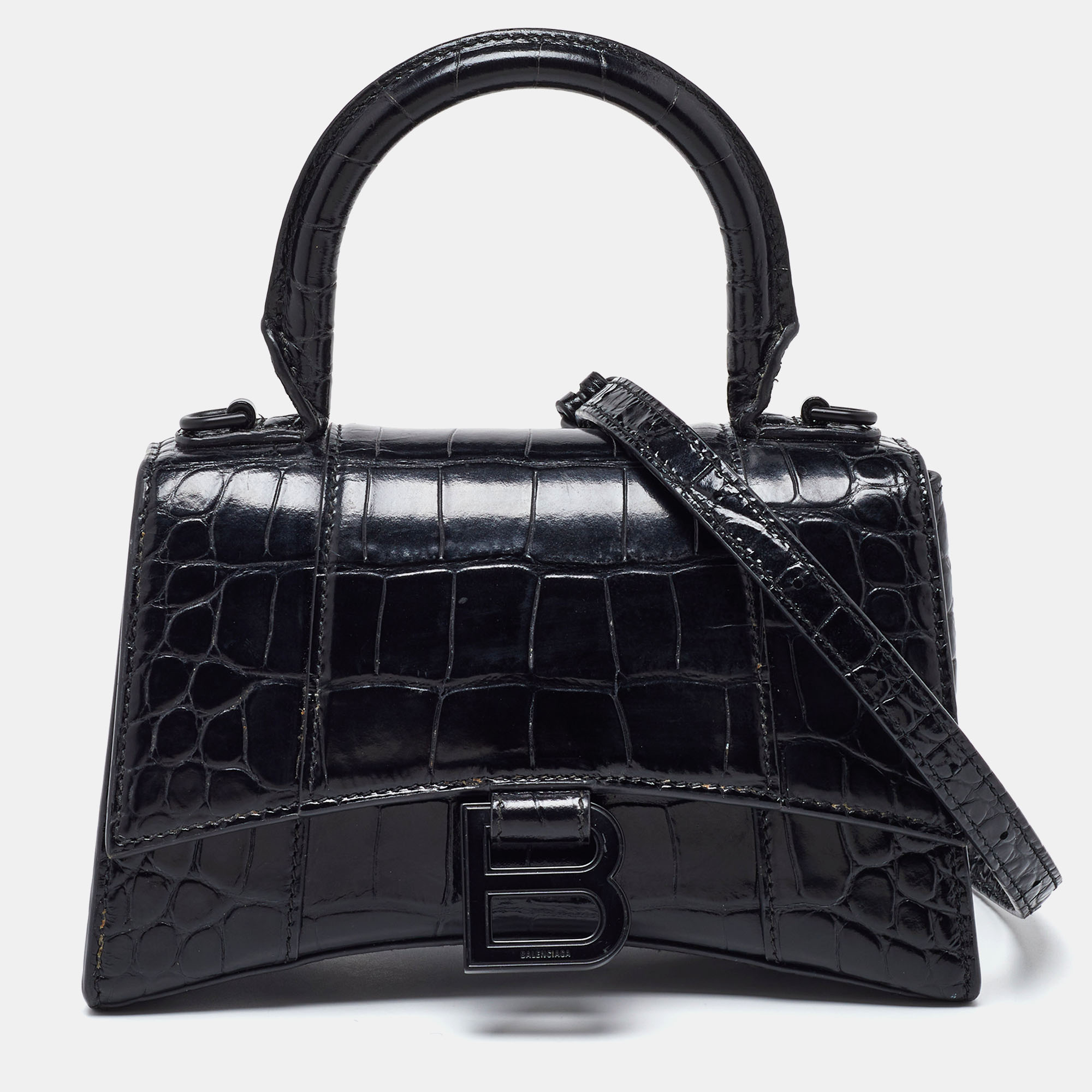Pre-owned Balenciaga Black Croc Embossed Leather Xs Hourglass Top Handle Bag