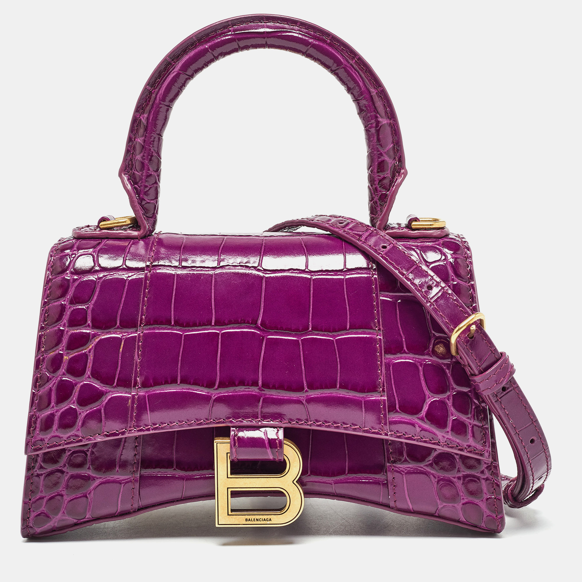 

Balenciaga Purple Croc Embossed Leather  Hourglass Top Handle Bag