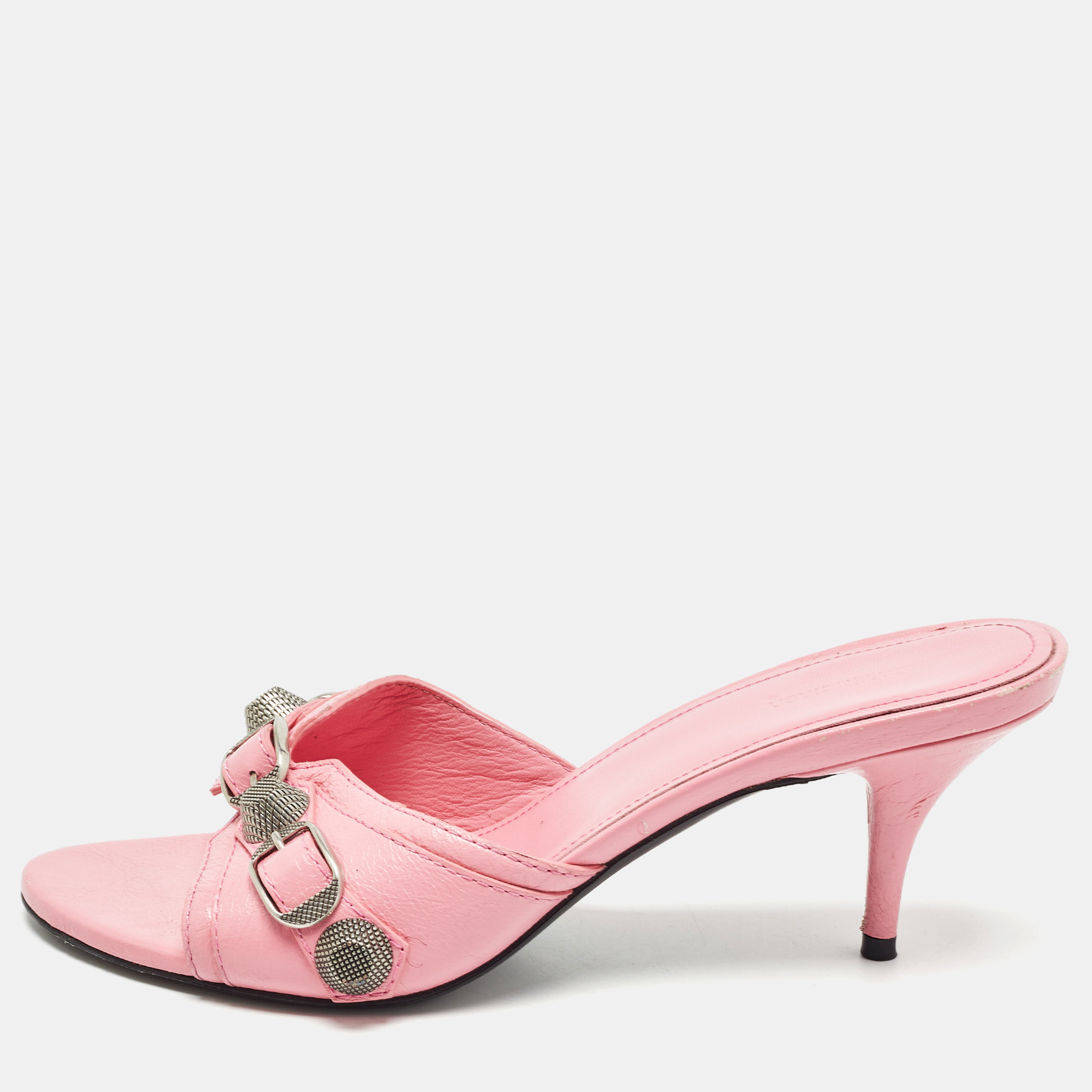 Pre-owned Balenciaga Pink Leather Stud Slide Sandals Size 36