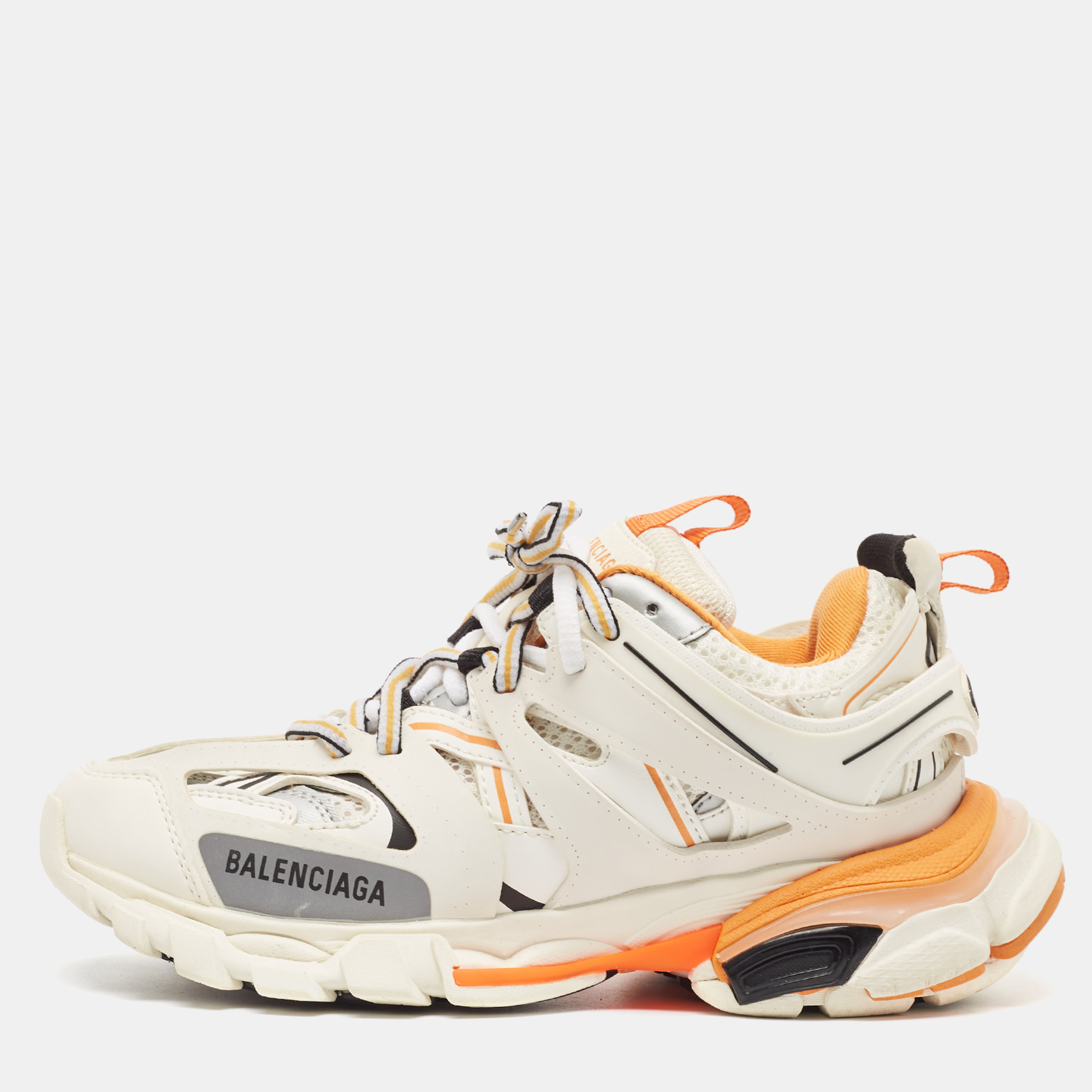 

Balenciaga White/Orange Leather and Mesh Track Low Top Sneakers Size