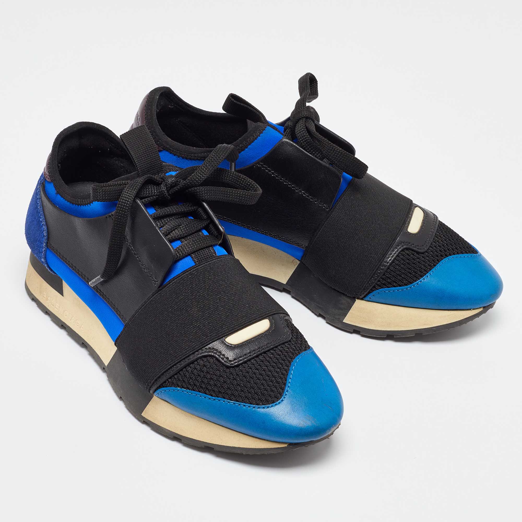 Balenciaga Blue/Black Leather and Mesh Race Runner Sneakers Size 35 