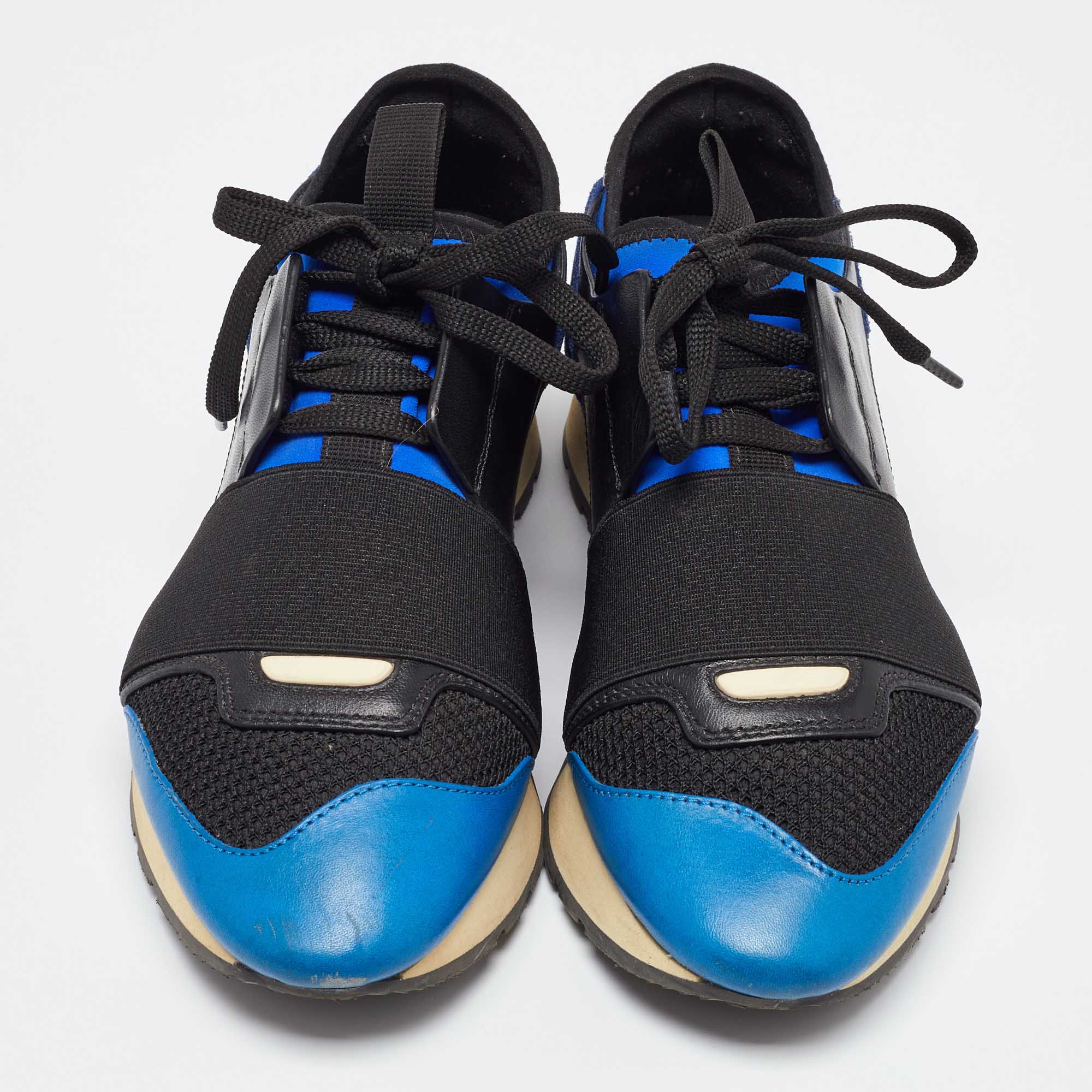 Balenciaga Blue/Black Leather and Mesh Race Runner Sneakers Size 35 