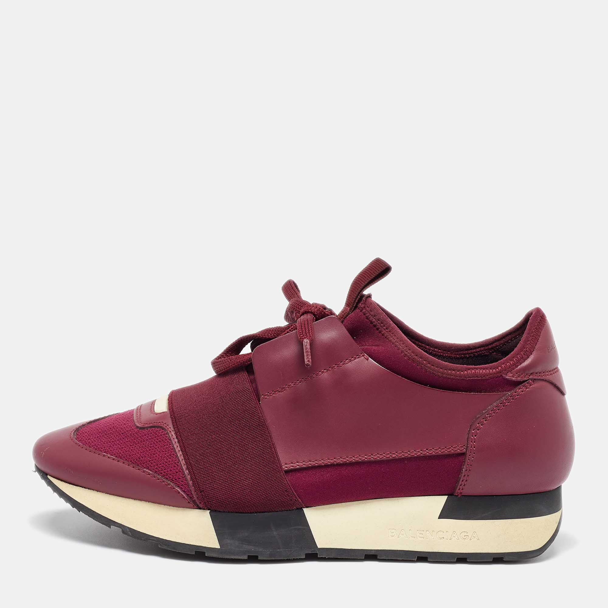 Pre-owned Balenciaga Burgundy Leather And Fabric Race Runner Sneakers Size 36