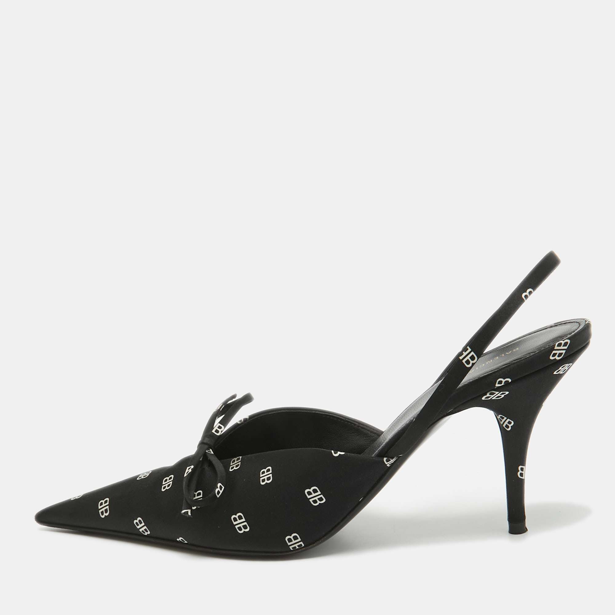 

Balenciaga Black BB Print Satin Knife Slingback Pumps Size