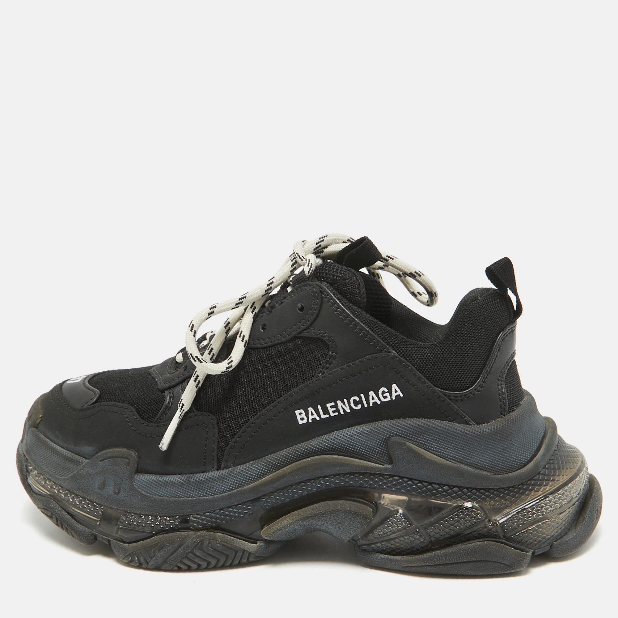 

Balenciaga Black Faux Leather and Mesh Triple S Clear Sole Sneakers Size