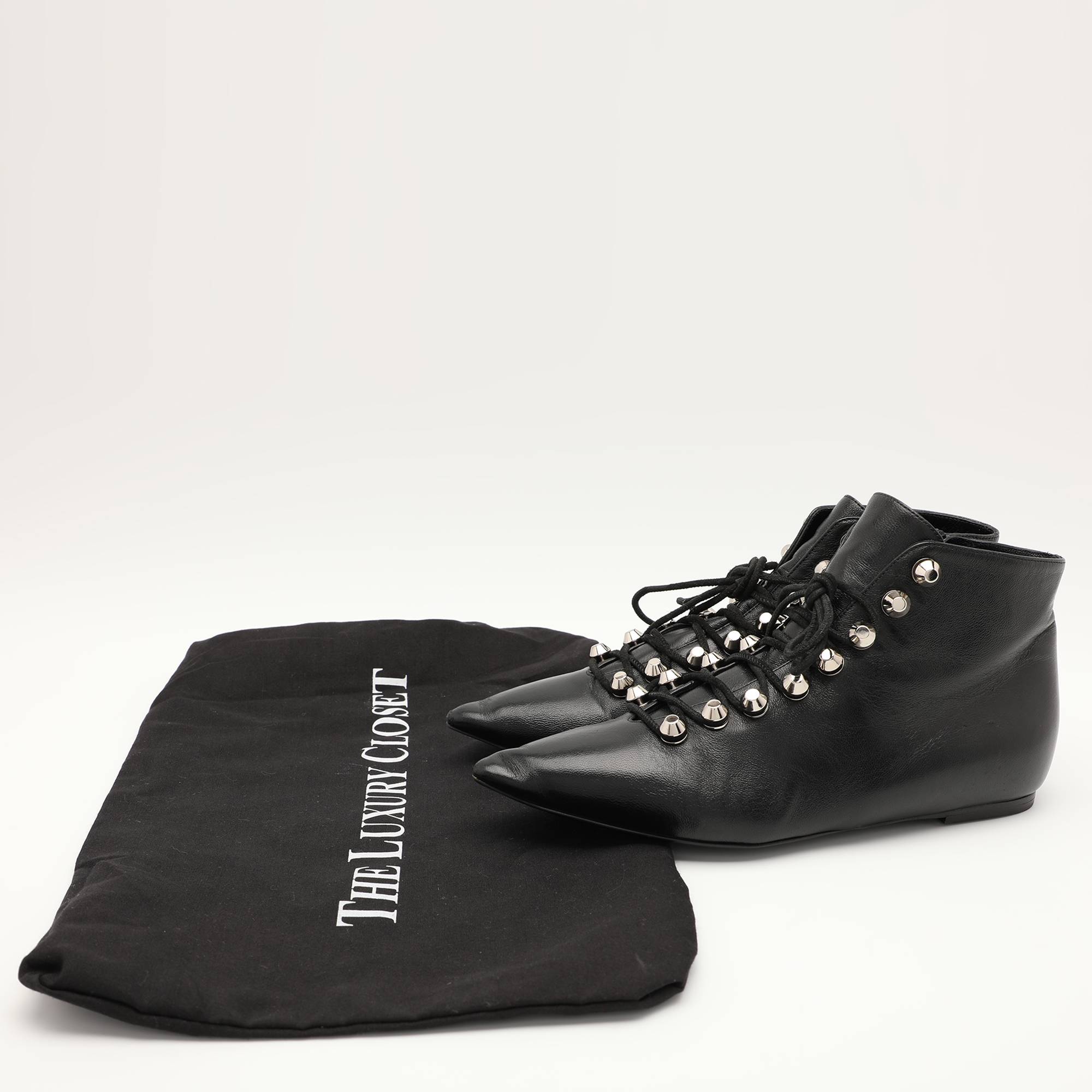 Balenciaga Black Leather Pointed Toe Lace Up Ankle Length Boots Size 36.5 