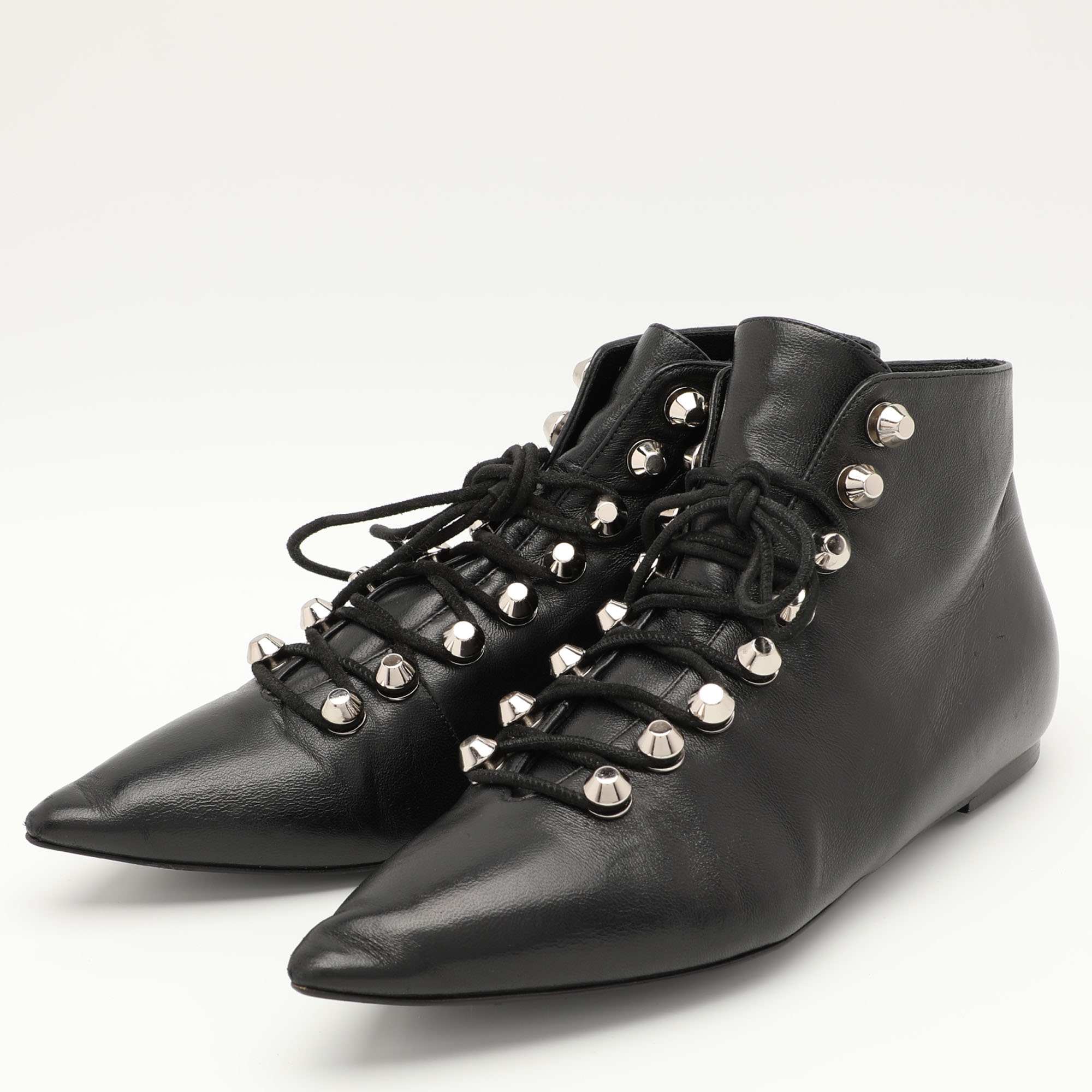 Balenciaga Black Leather Pointed Toe Lace Up Ankle Length Boots Size 36.5 
