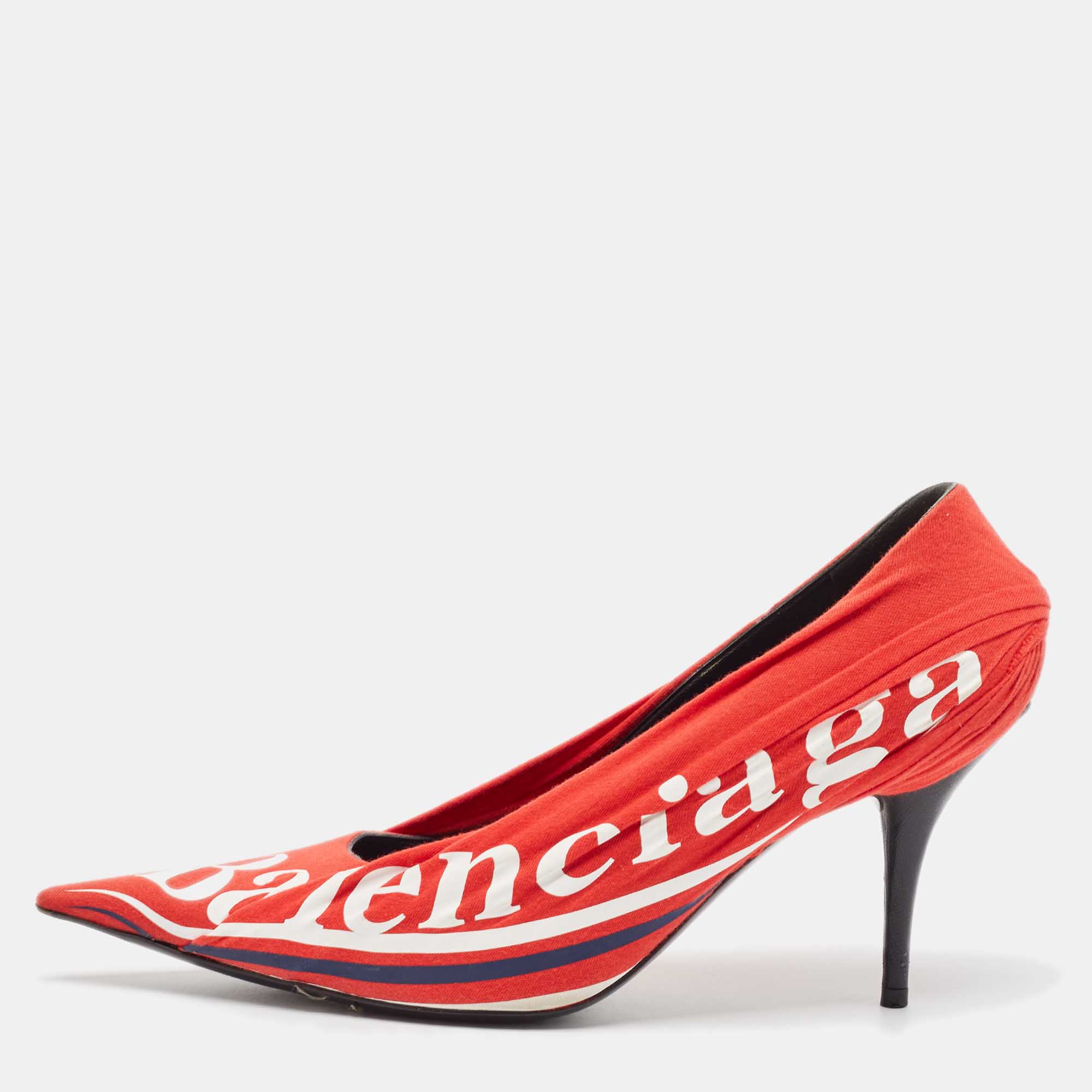 

Balenciaga Red/Black Logo Fabric and Leather Knife Pumps Size