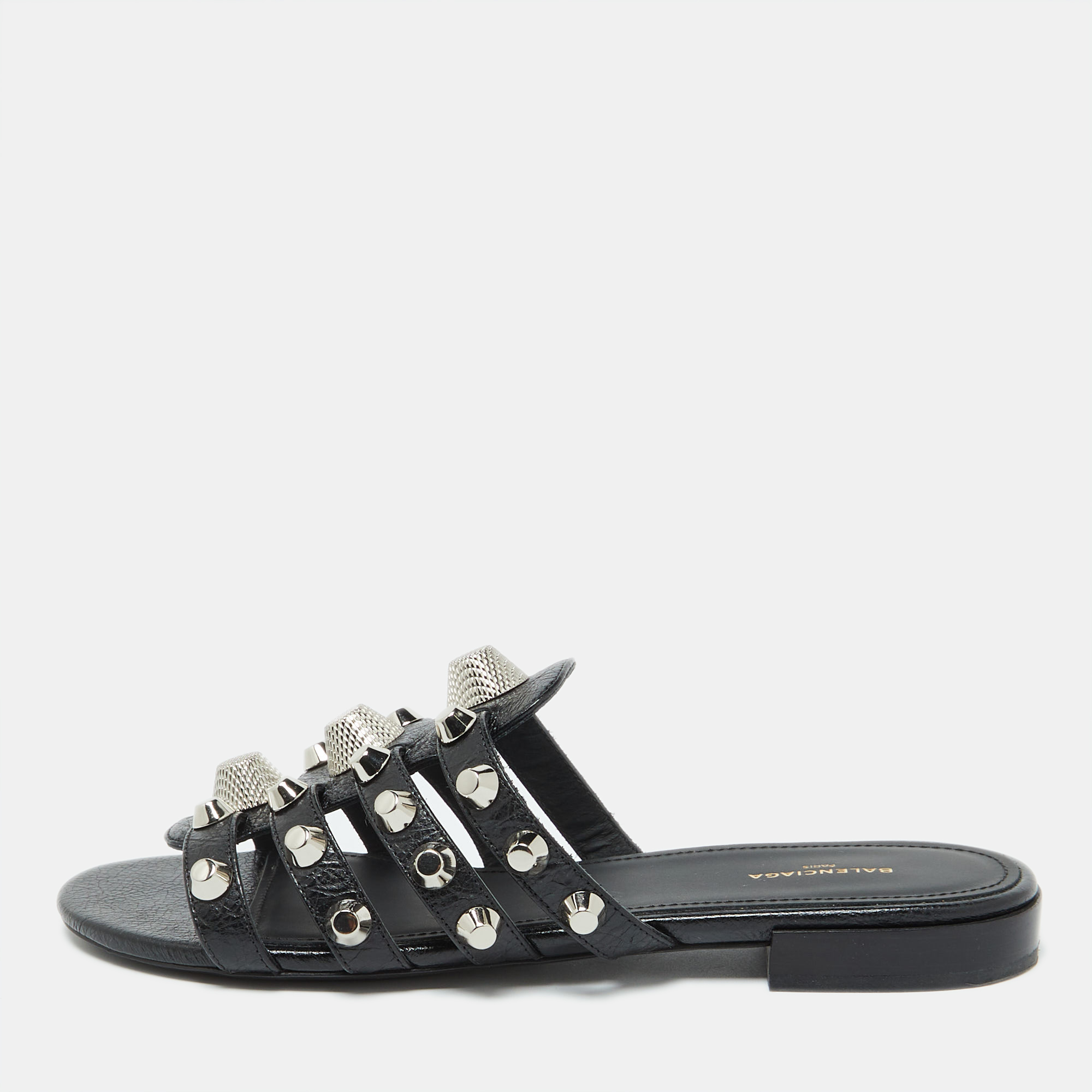 

Balenciaga Black Leather Arena Flat Slides Size