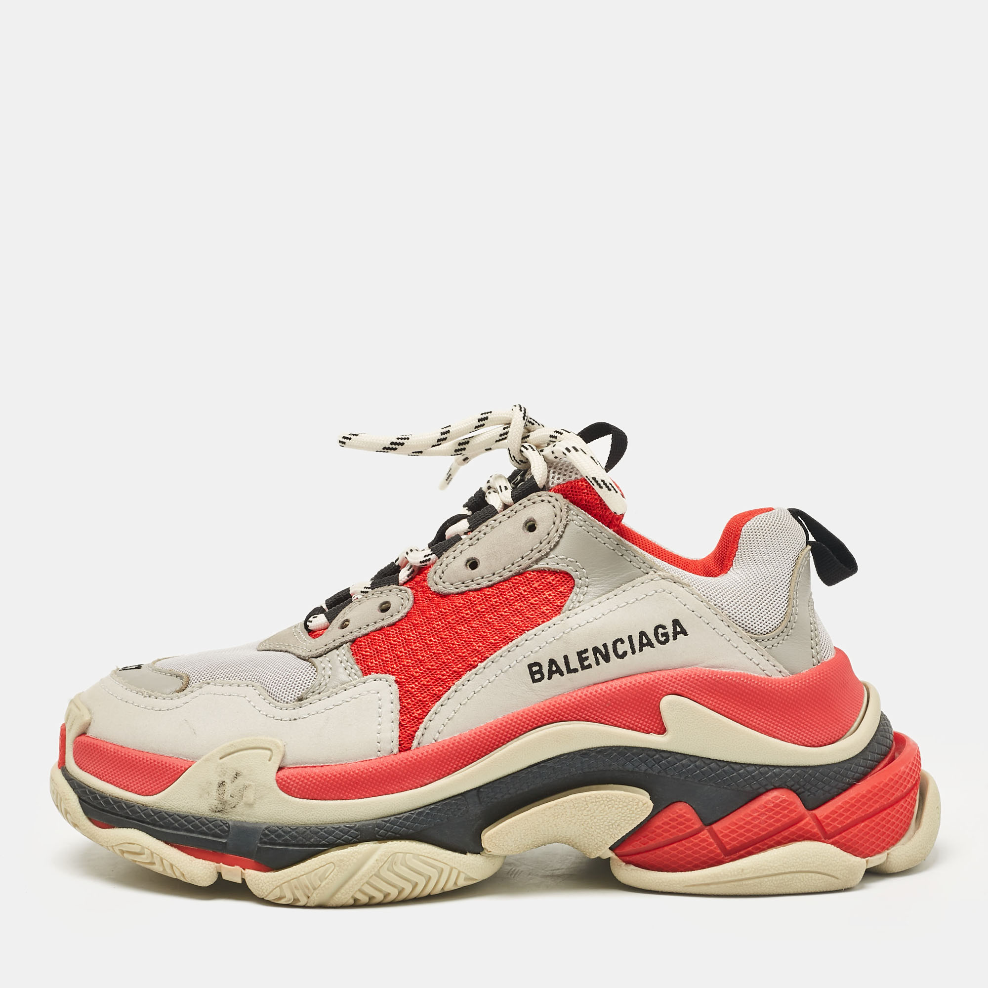 

Balenciaga Grey/Red Faux Leather and Mesh Triple S Sneakers Size