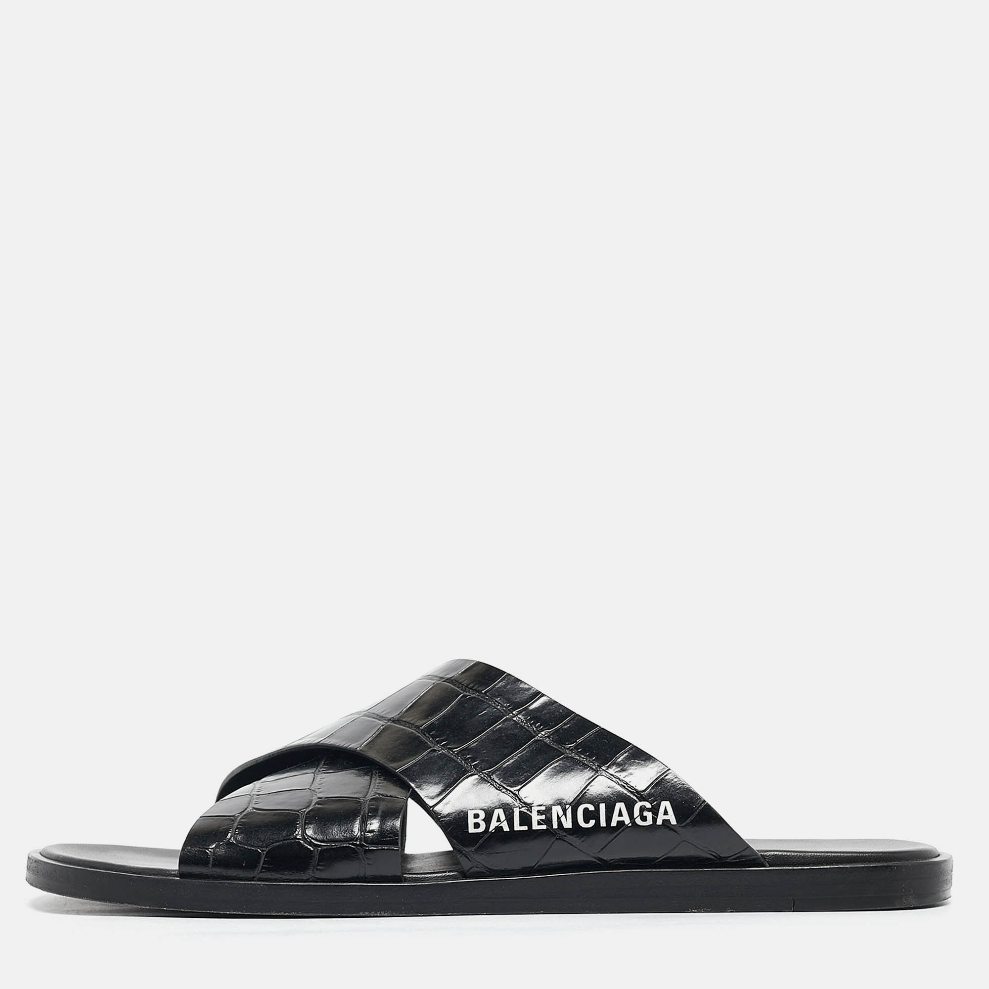 

Balenciaga Black Croc Embossed Leather Flat Slides Size