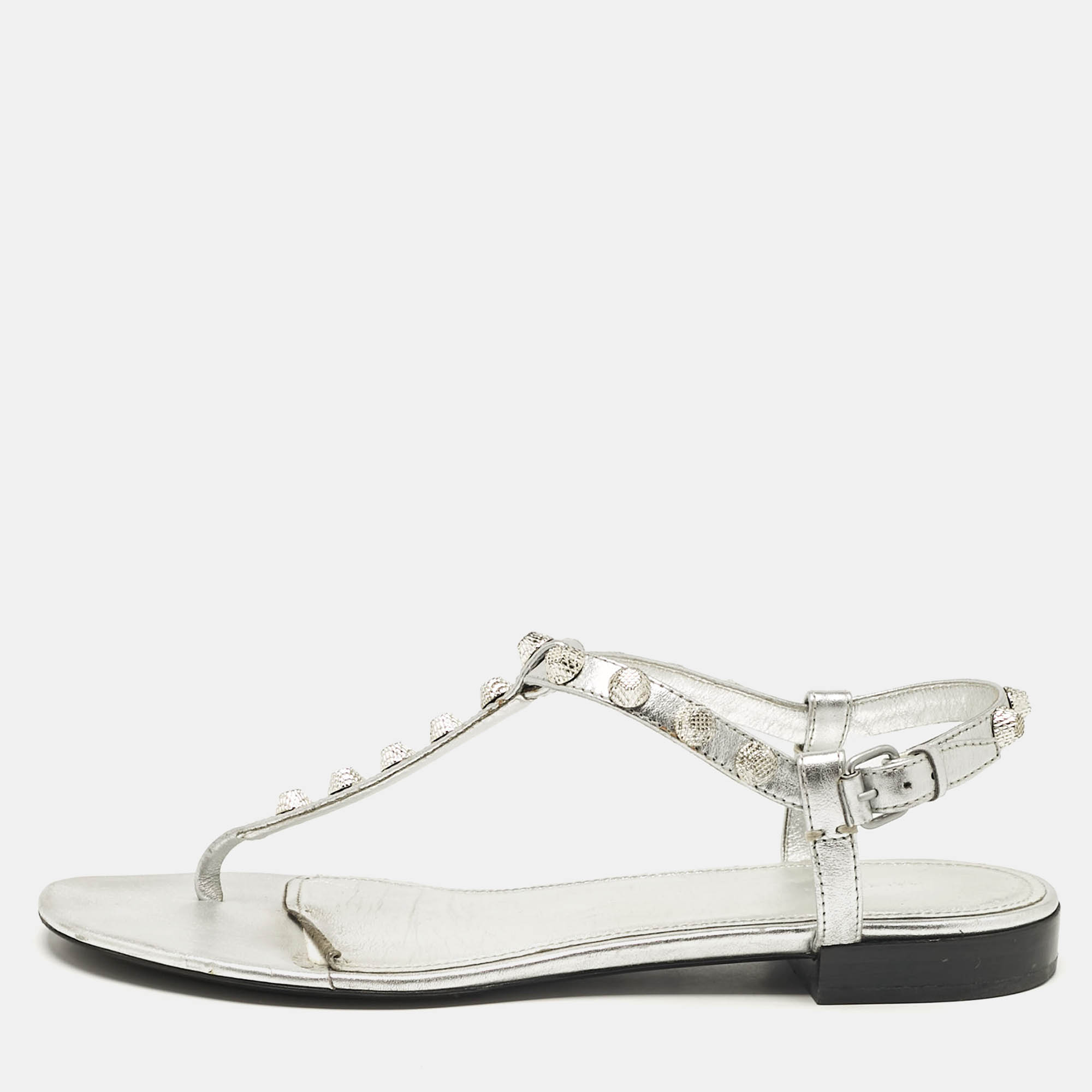 

Balenciaga Silver Leather Slingback Flat Sandals Size