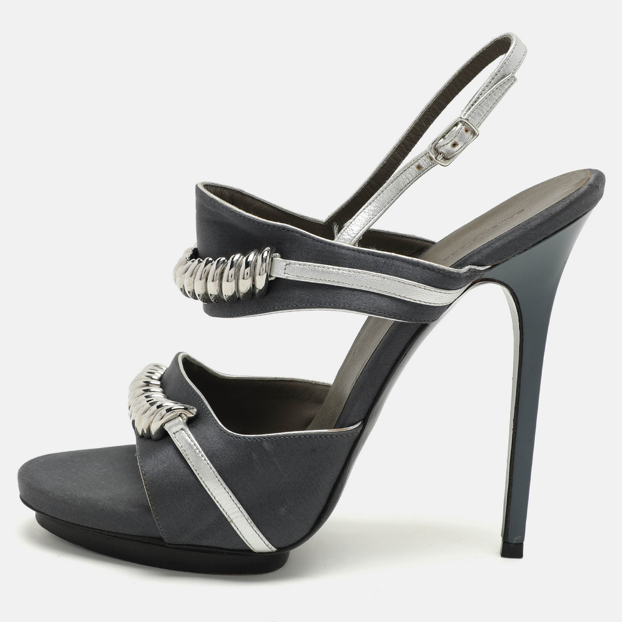 

Balenciaga Grey Satin Embellished Slingback Sandals Size