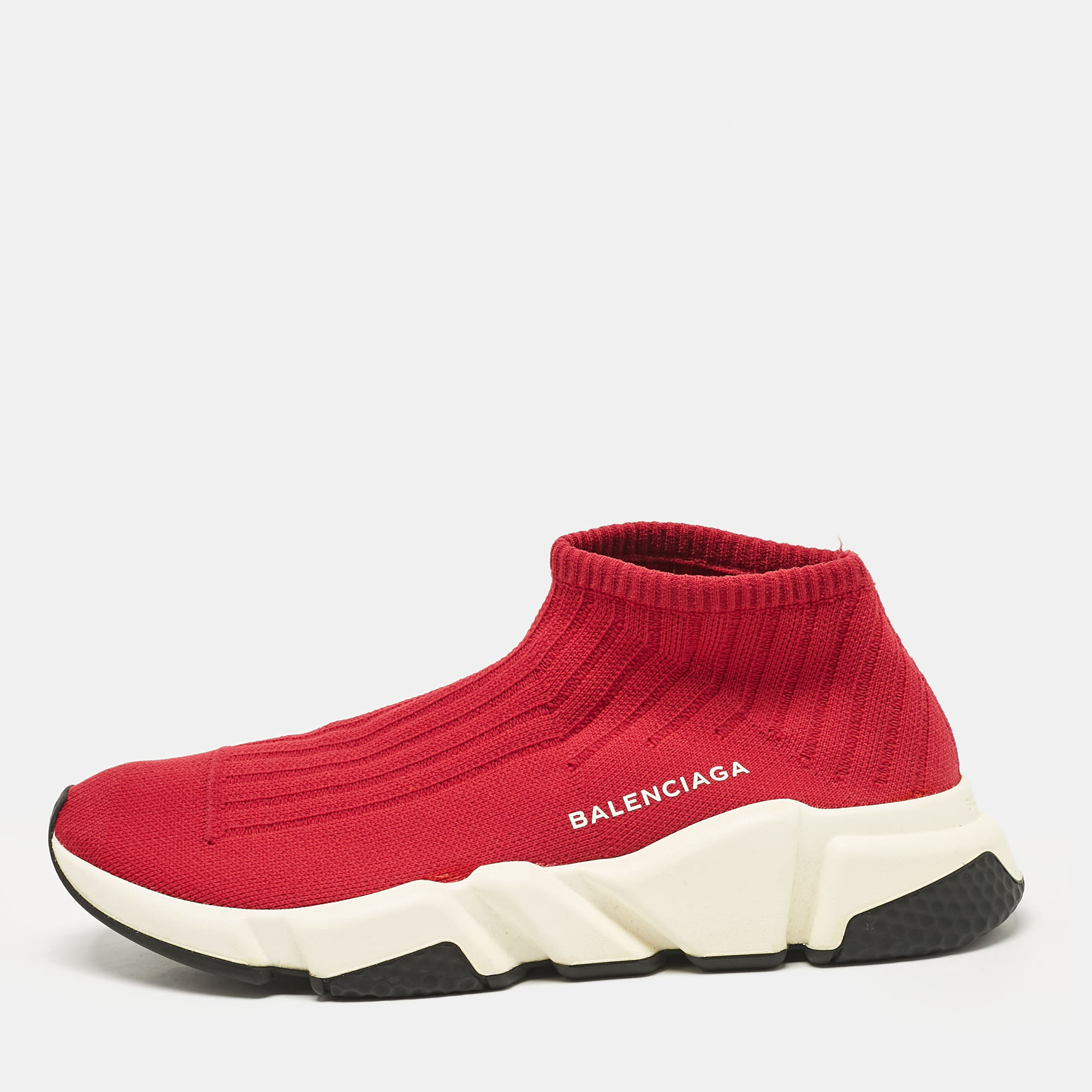 Pre-owned Balenciaga Red Knit Fabric Speed Trainer Slip On Sneakers Size 40