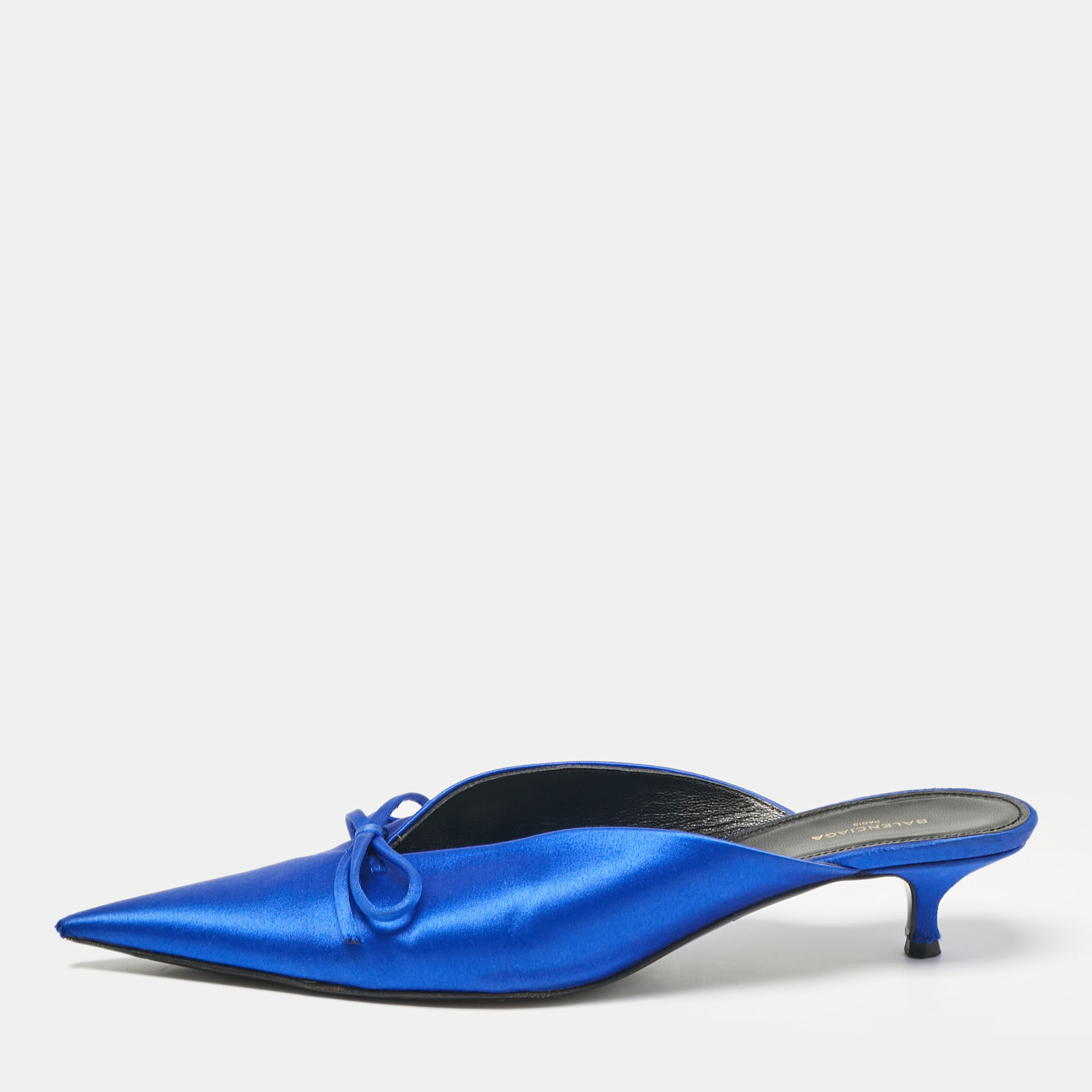 

Balenciaga Royal Blue Satin Bow Knife Heel Mules Size